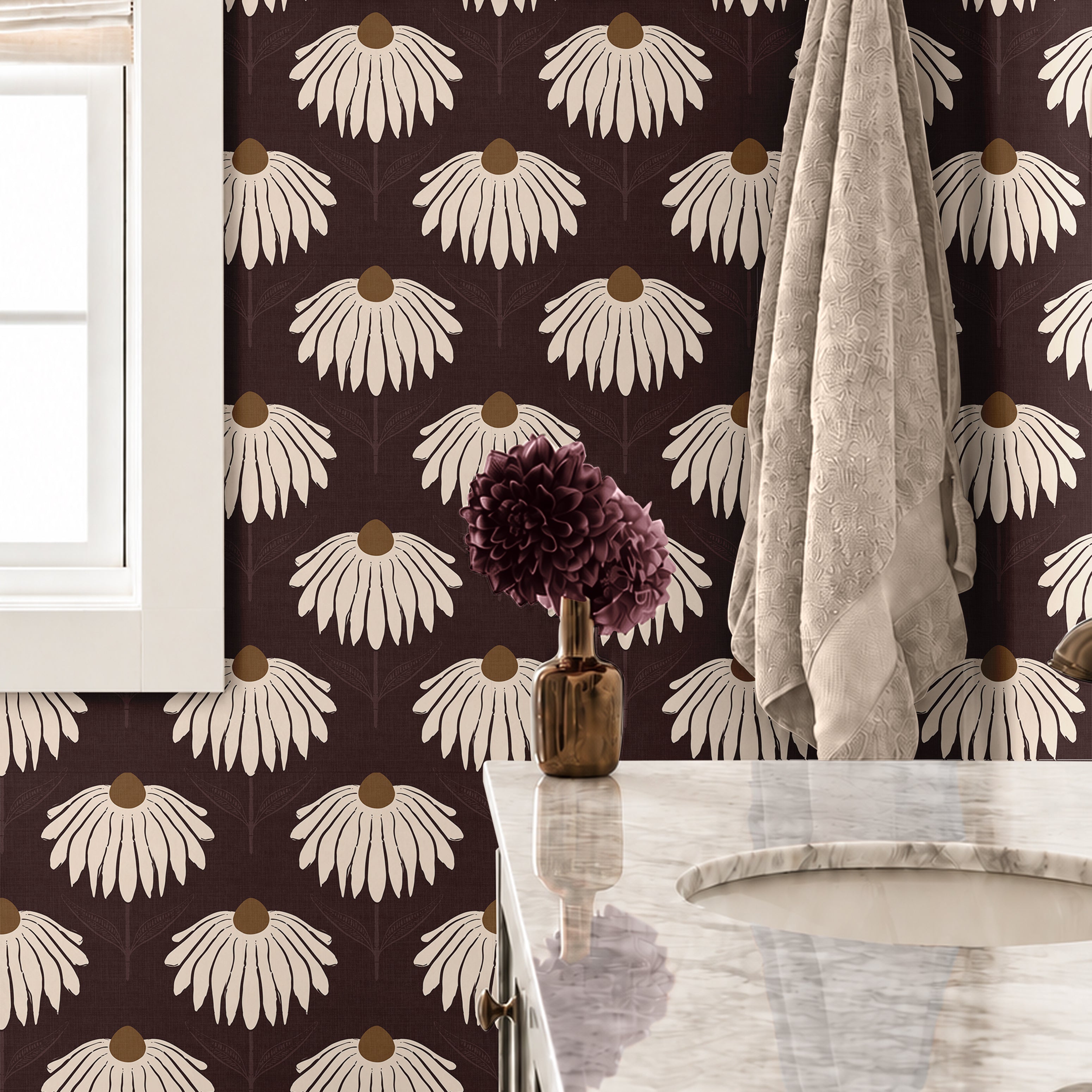 garnet crown 3543 burgundy and cream floral wallpaper in bathroom with marble-top vanity, window and hanging towel