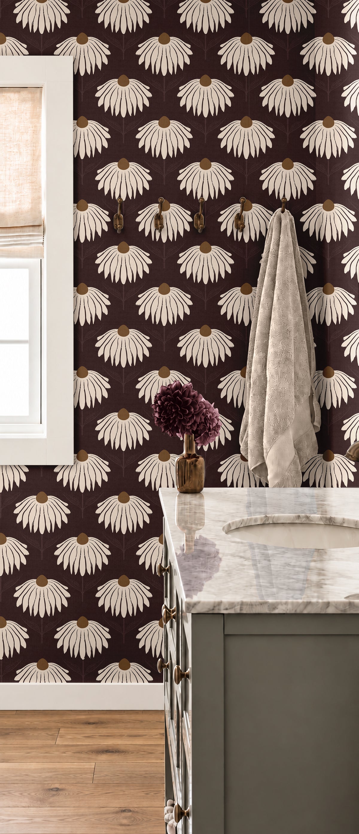 garnet crown 3543 burgundy and cream floral wallpaper in bathroom with marble-top vanity, window and hanging towel