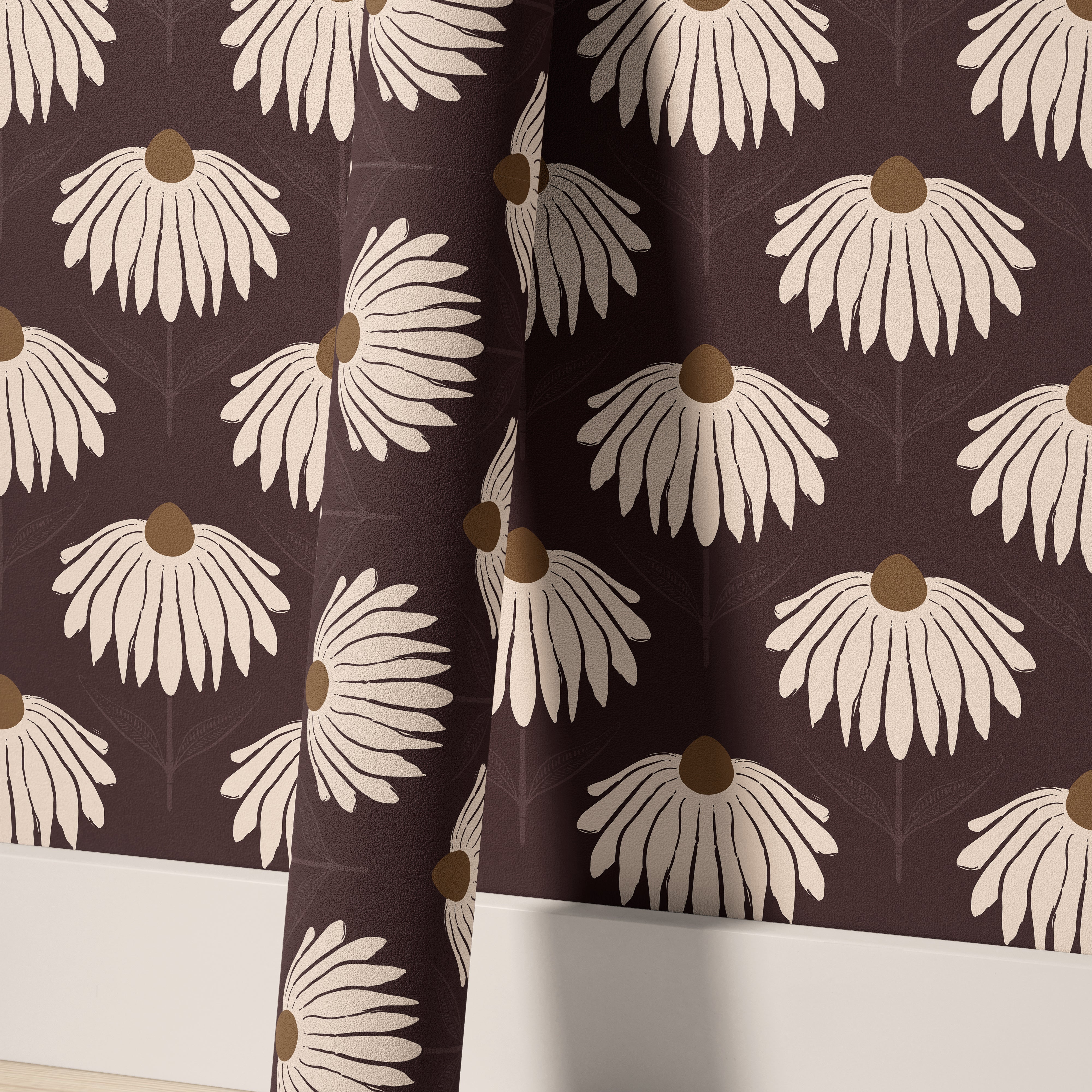 garnet crown 3543 burgundy coneflower wallpaper roll standing against the matching floral wall