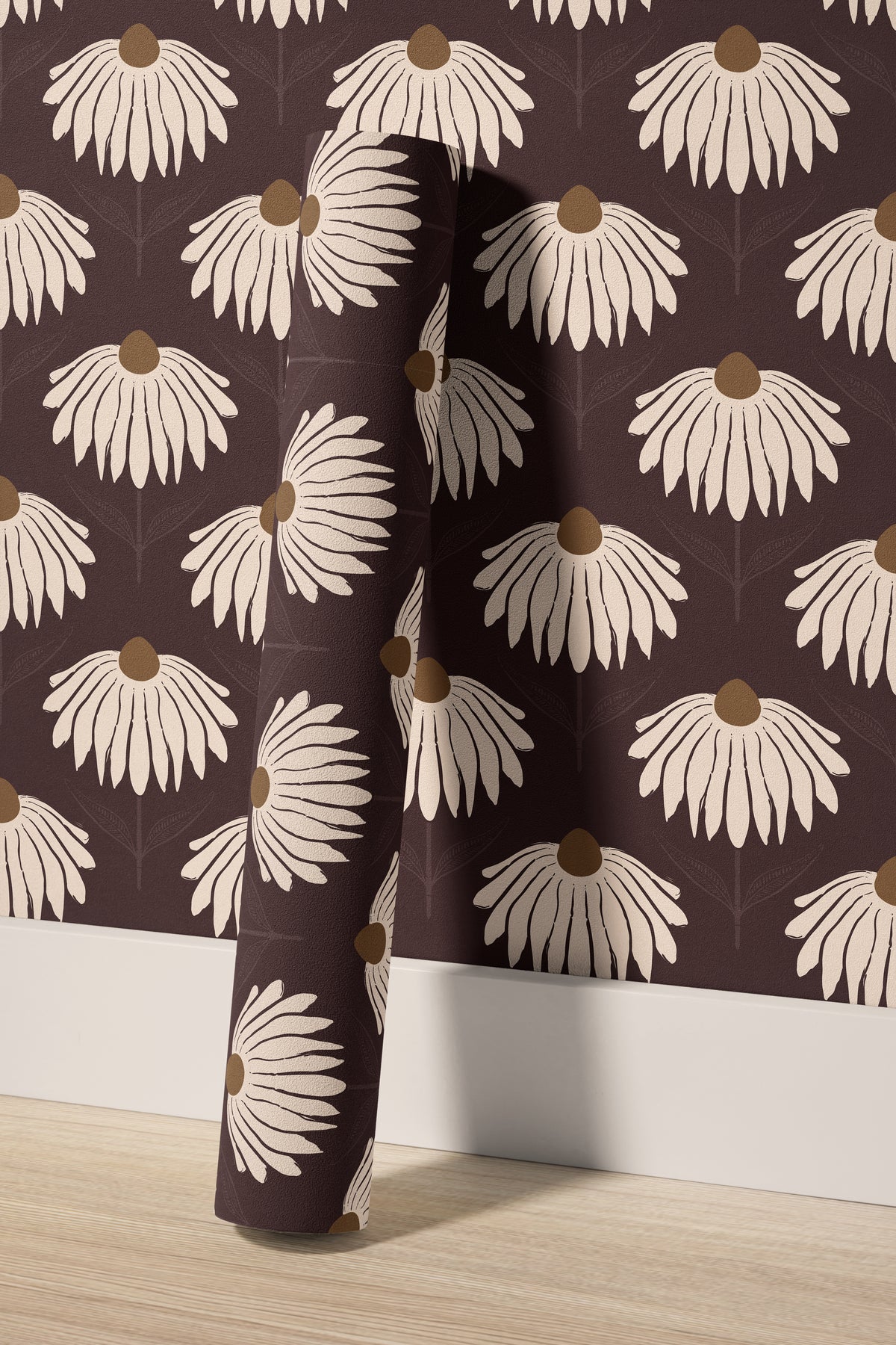 garnet crown 3543 burgundy coneflower wallpaper roll standing against the matching floral wall