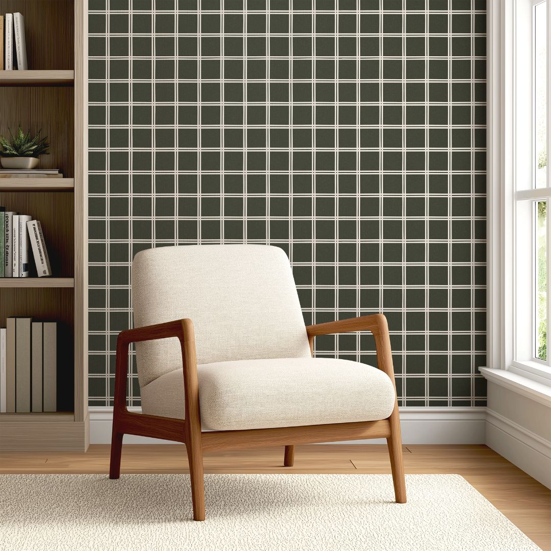 Olive green geometric grid wallpaper Elmstead Grid with clean architectural lines