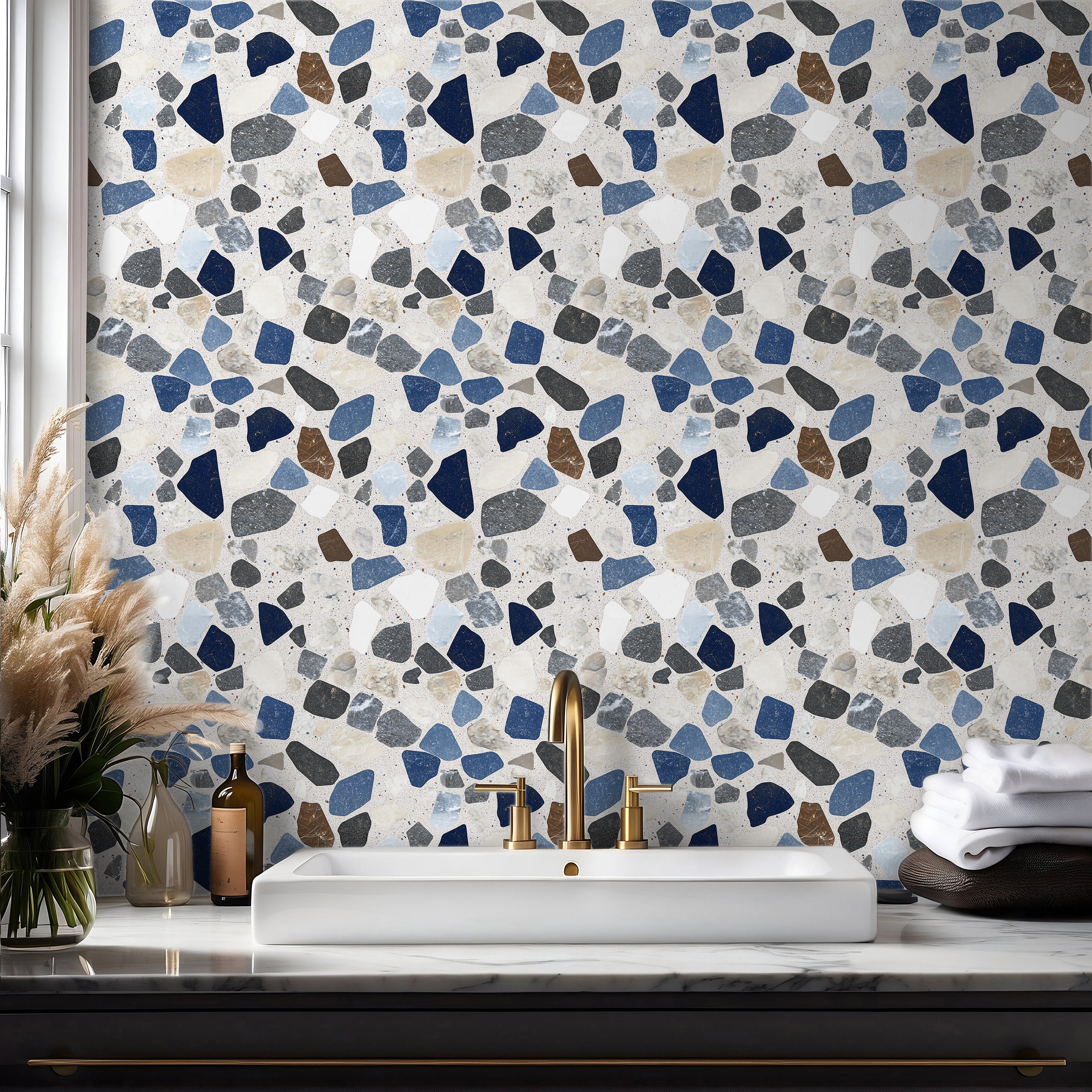 blue terrazzo wallpaper with neutral stone pattern for kitchen and bathroom walls