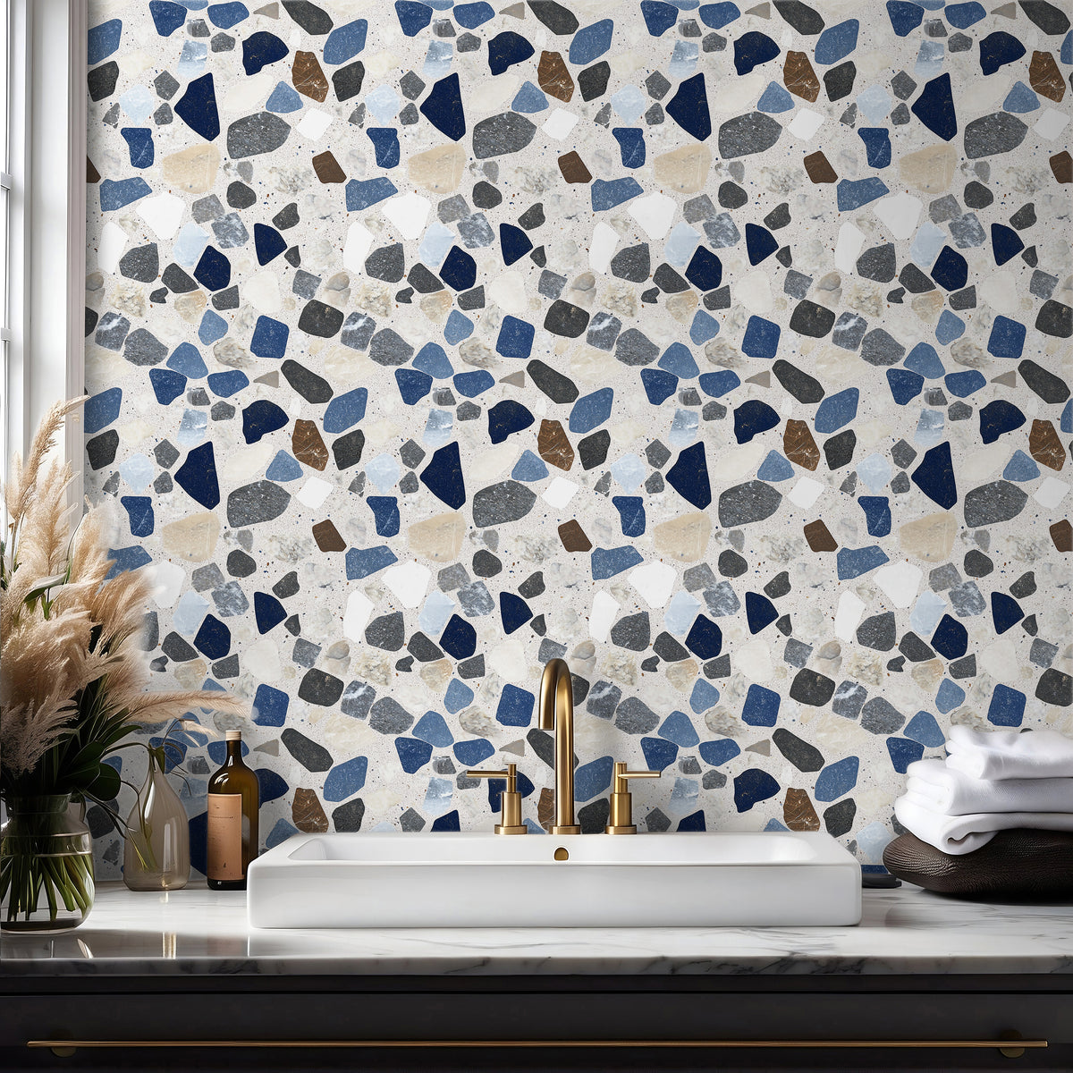 blue terrazzo wallpaper with neutral stone pattern for kitchen and bathroom walls