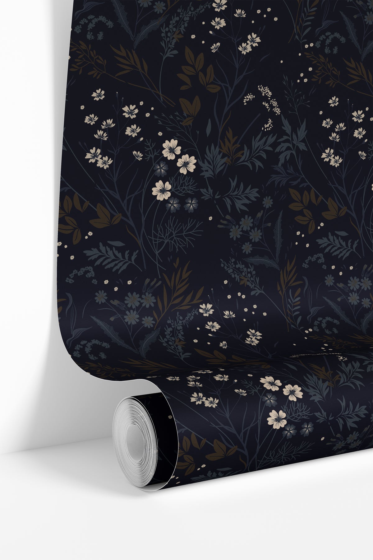 close view of ink and elderflower 3552 black floral wallpaper partly unrolled, showing cream flowers and blue gray foliage