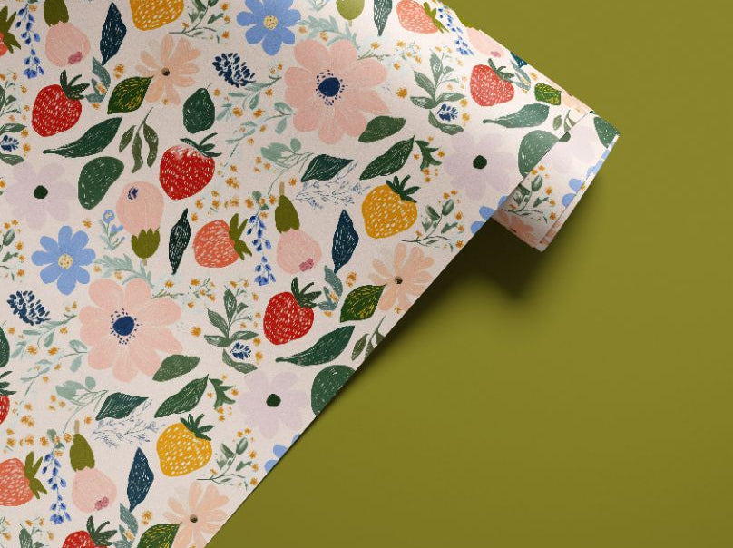 peel and stick contact paper roll with strawberry and floral painterly pattern design