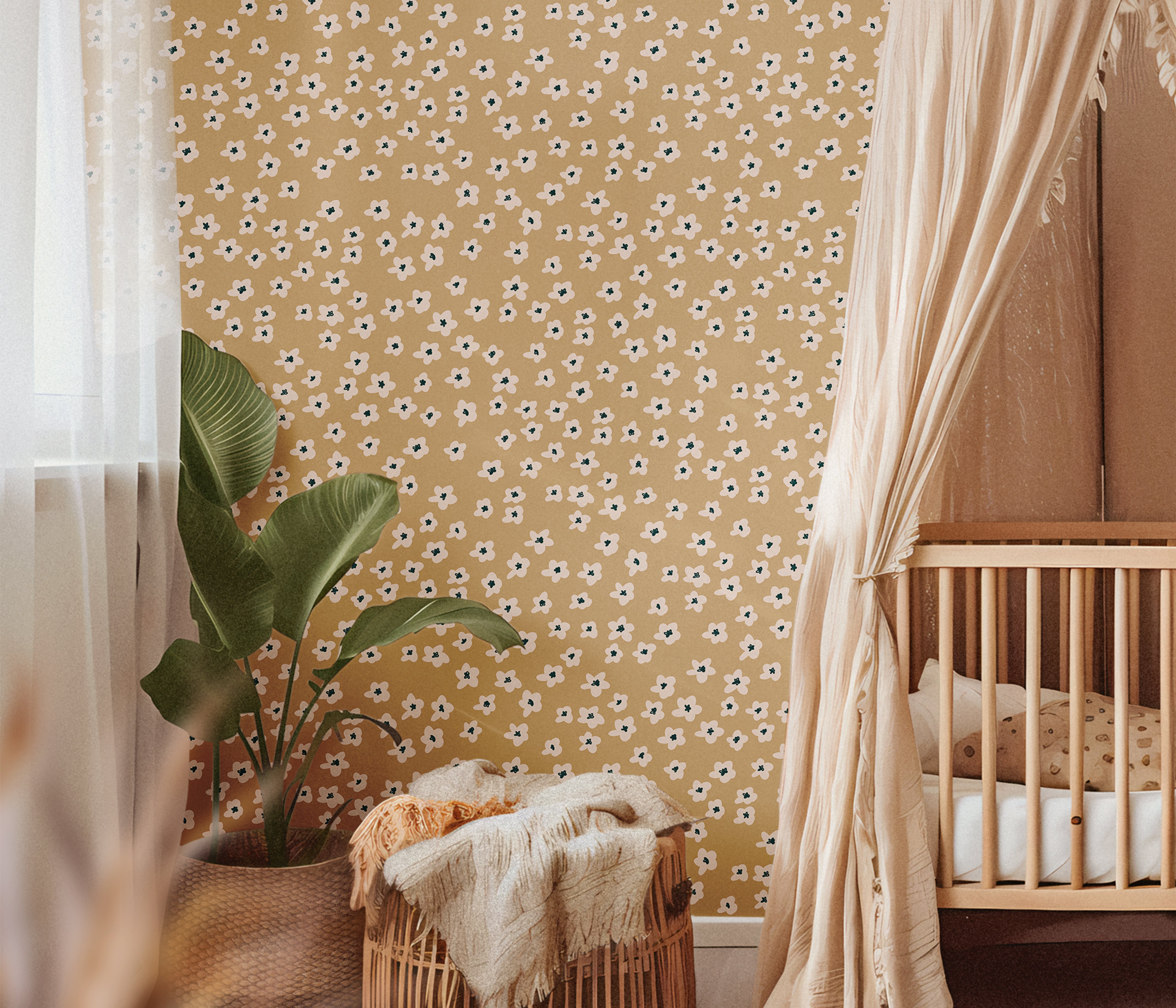 Khaki Flower 147a small floral wallpaper with ivory flowers on a warm khaki background styled in a neutral nursery with a wood crib