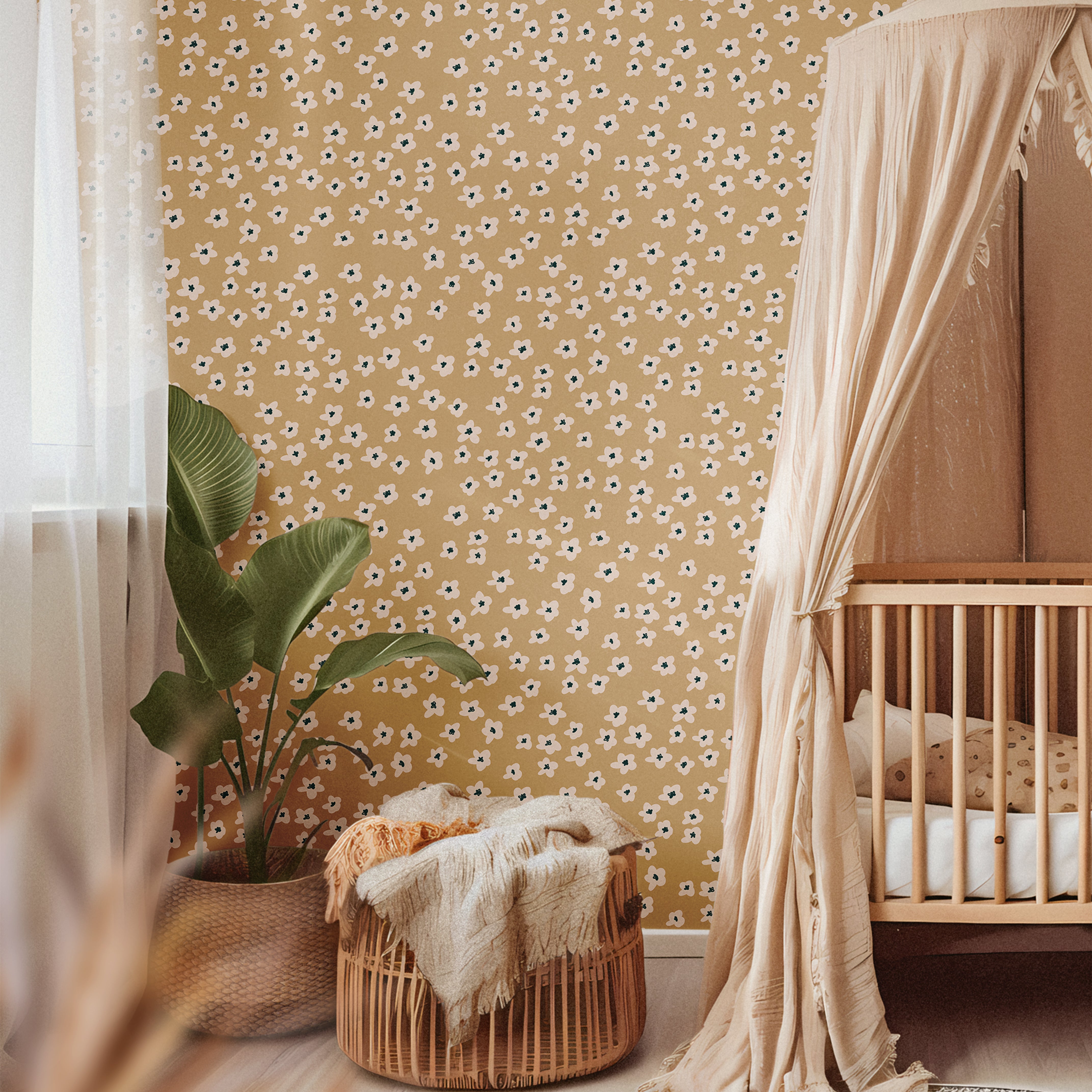 Khaki Flower 147a small floral wallpaper with ivory flowers on a warm khaki background styled in a neutral nursery with a wood crib