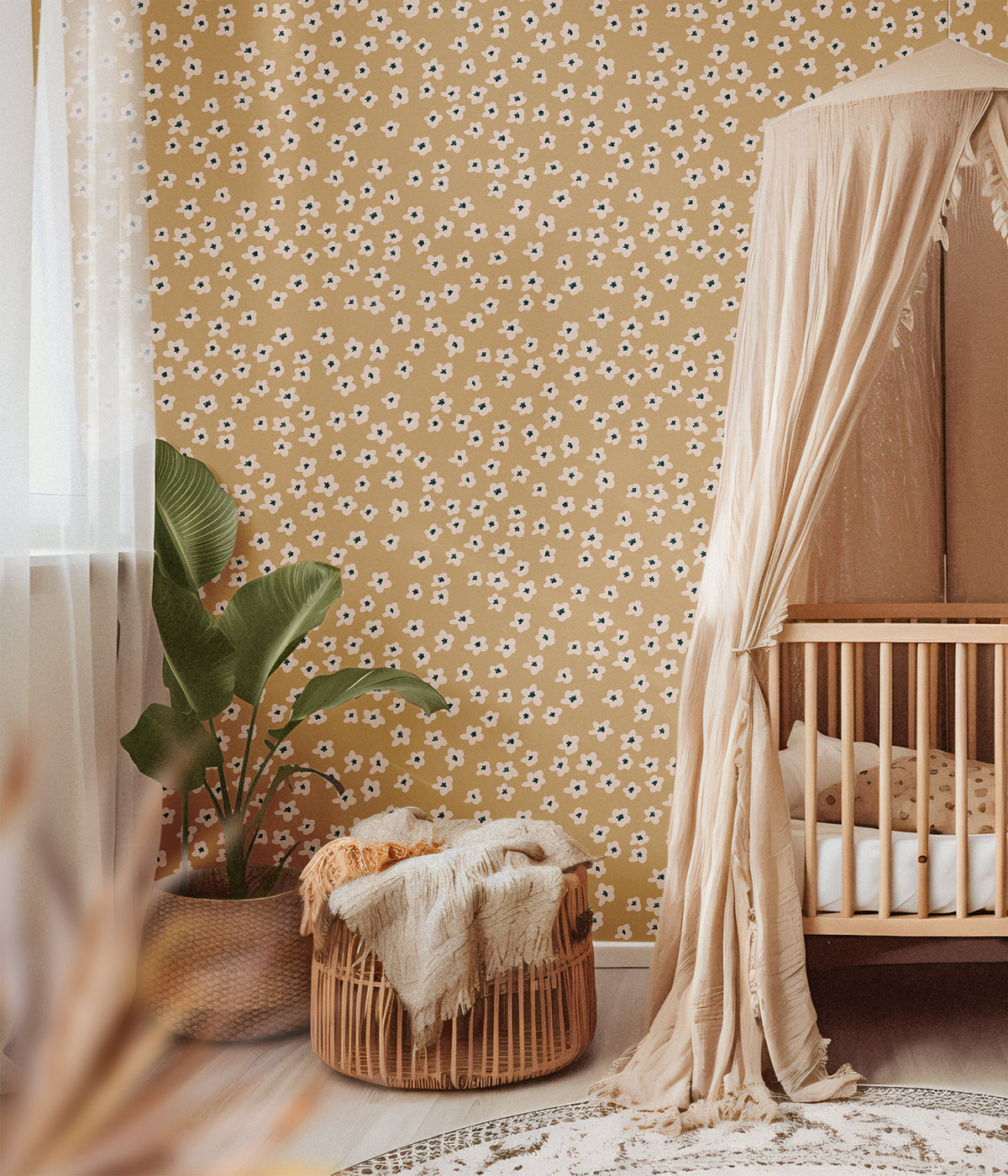 Khaki Flower 147a small floral wallpaper with ivory flowers on a warm khaki background styled in a neutral nursery with a wood crib