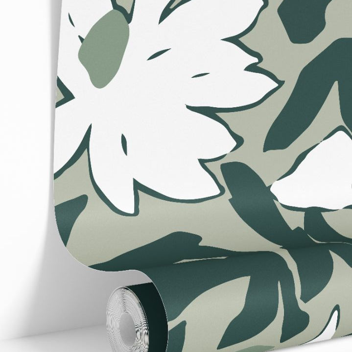 Mosselle Bloom Wallpaper roll showing soft sage and white floral pattern with smooth matte finish