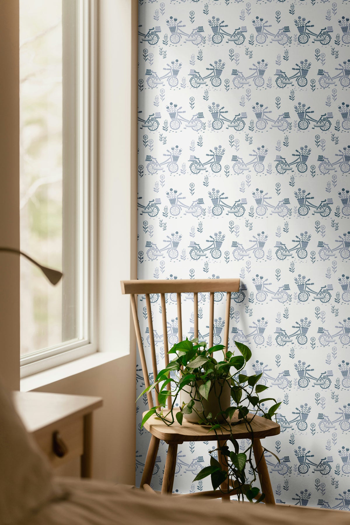 Muted Blue Bicycles 3749 wallpaper with vintage blue bicycles, flower baskets and small botanical details on a soft white background