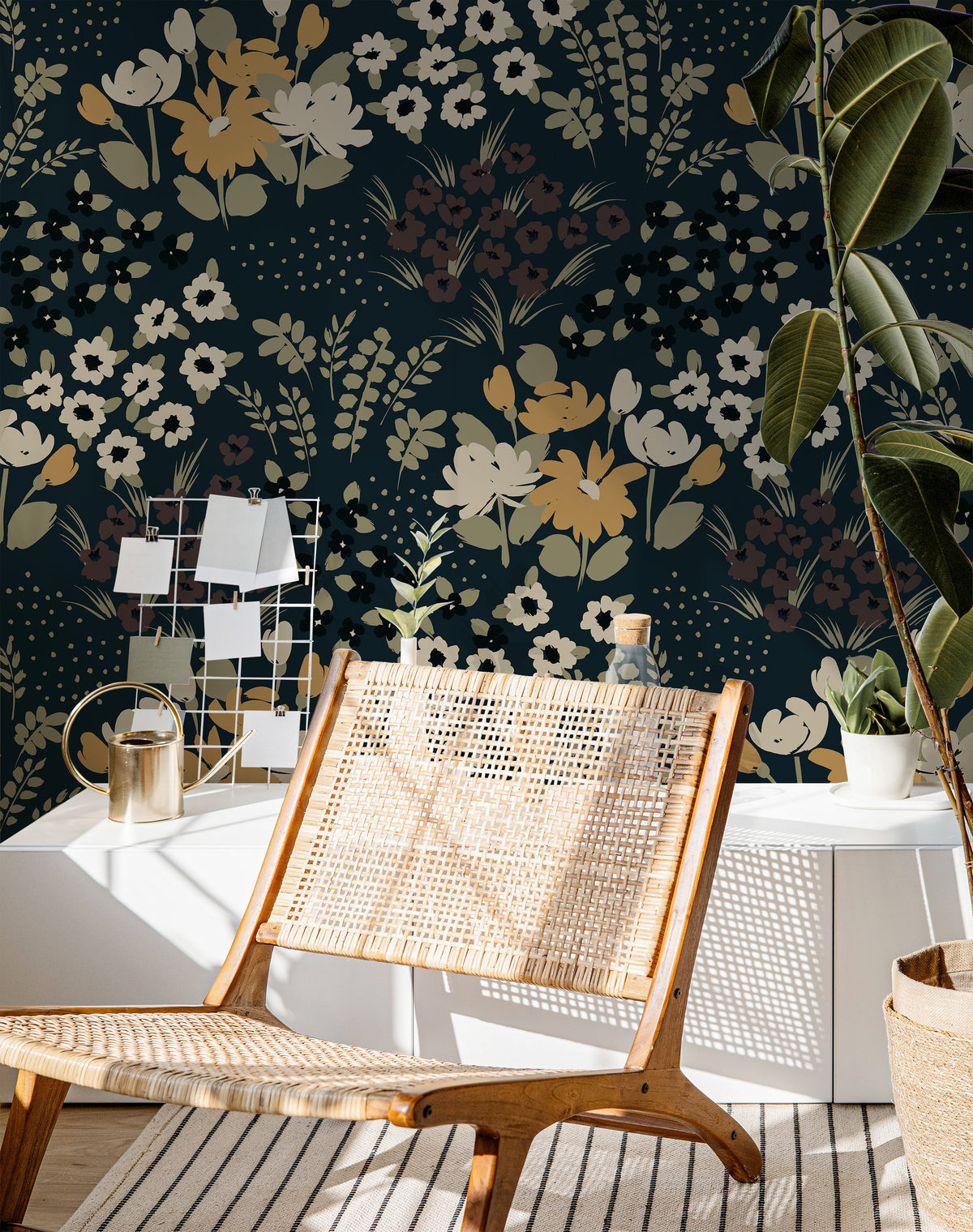 Dark botanical wallpaper with layered meadow flowers and warm neutral blooms on a deep navy background.