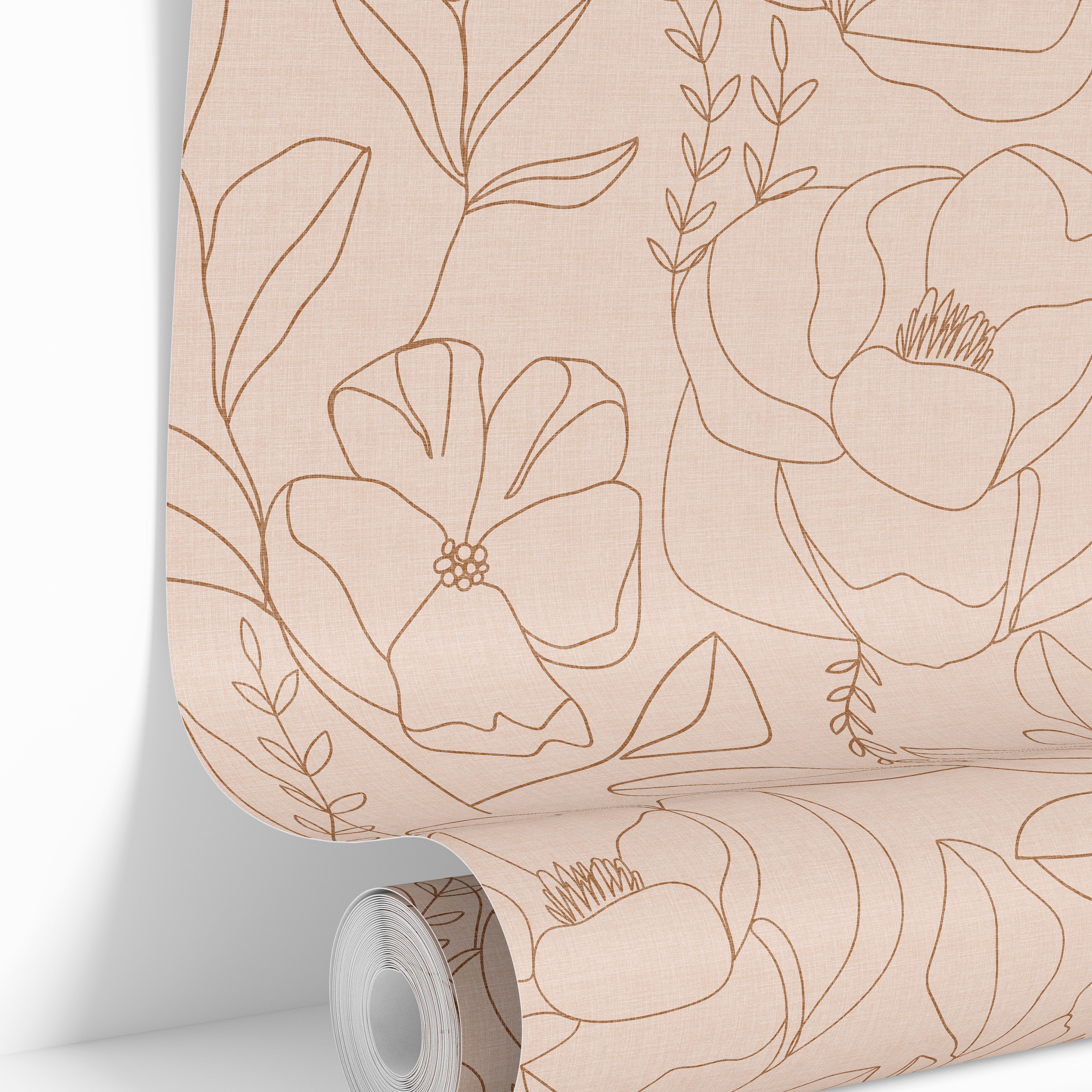 Open Bloom blush floral wallpaper with warm brown line art flowers and leaves on a soft textured neutral background