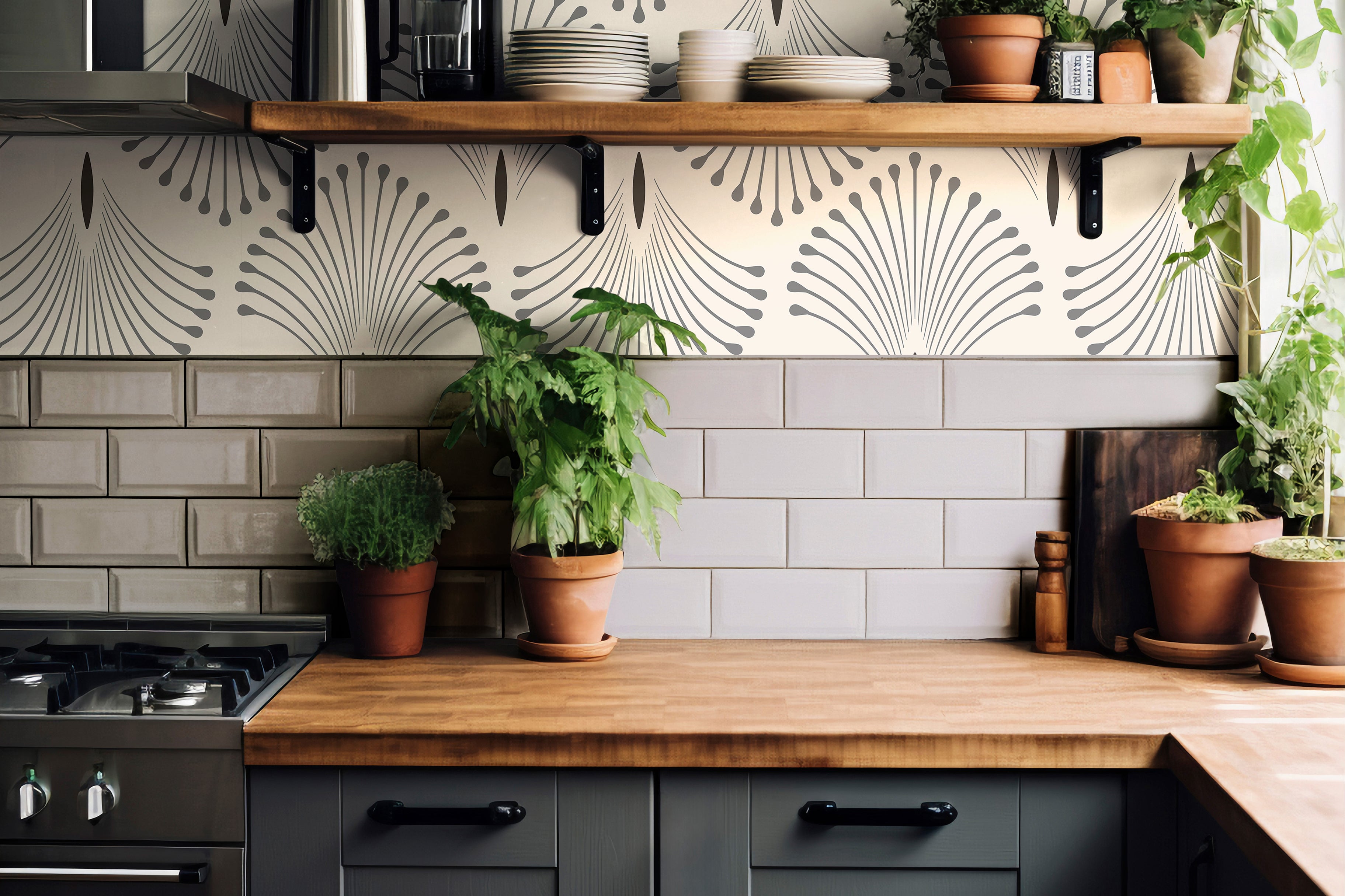 Modern neutral wallpaper featuring geometric palm-inspired fan patterns styled in a warm organic kitchen interior