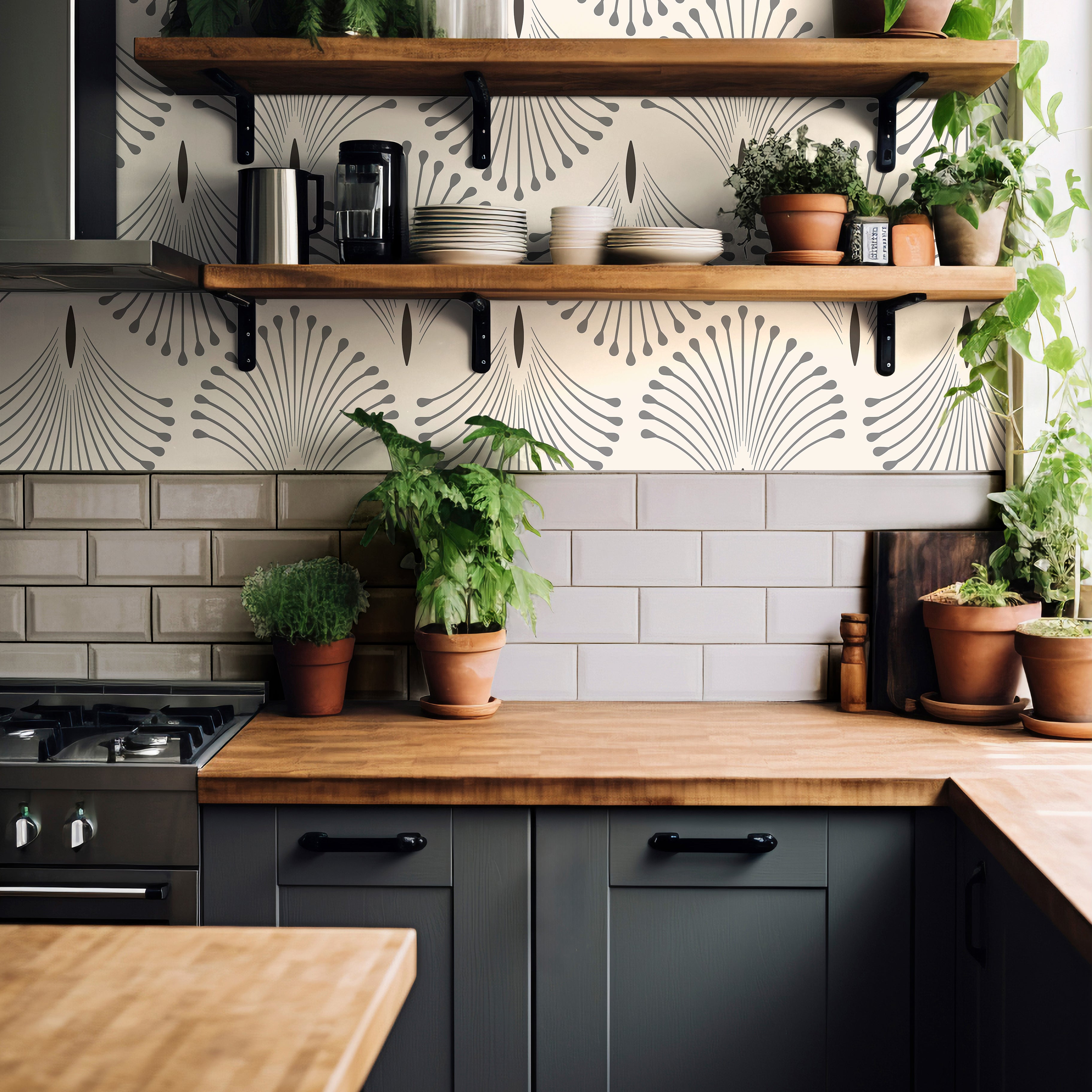 Modern neutral wallpaper featuring geometric palm-inspired fan patterns styled in a warm organic kitchen interior