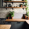 Modern neutral wallpaper featuring geometric palm-inspired fan patterns styled in a warm organic kitchen interior