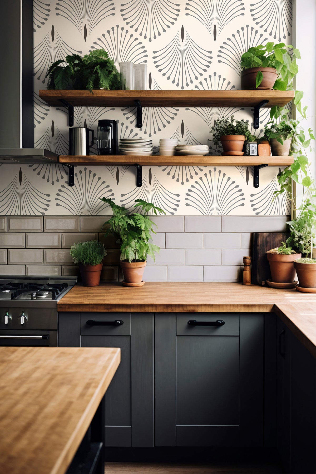 Modern neutral wallpaper featuring geometric palm-inspired fan patterns styled in a warm organic kitchen interior