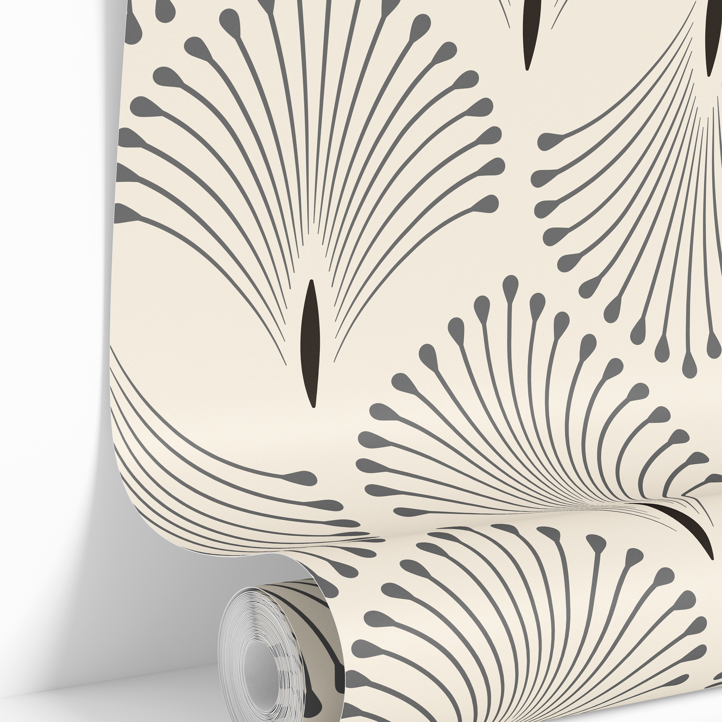 Wallpaper roll featuring Palm Trail Neutral Deco wallpaper with modern fan motifs and warm neutral geometric styling