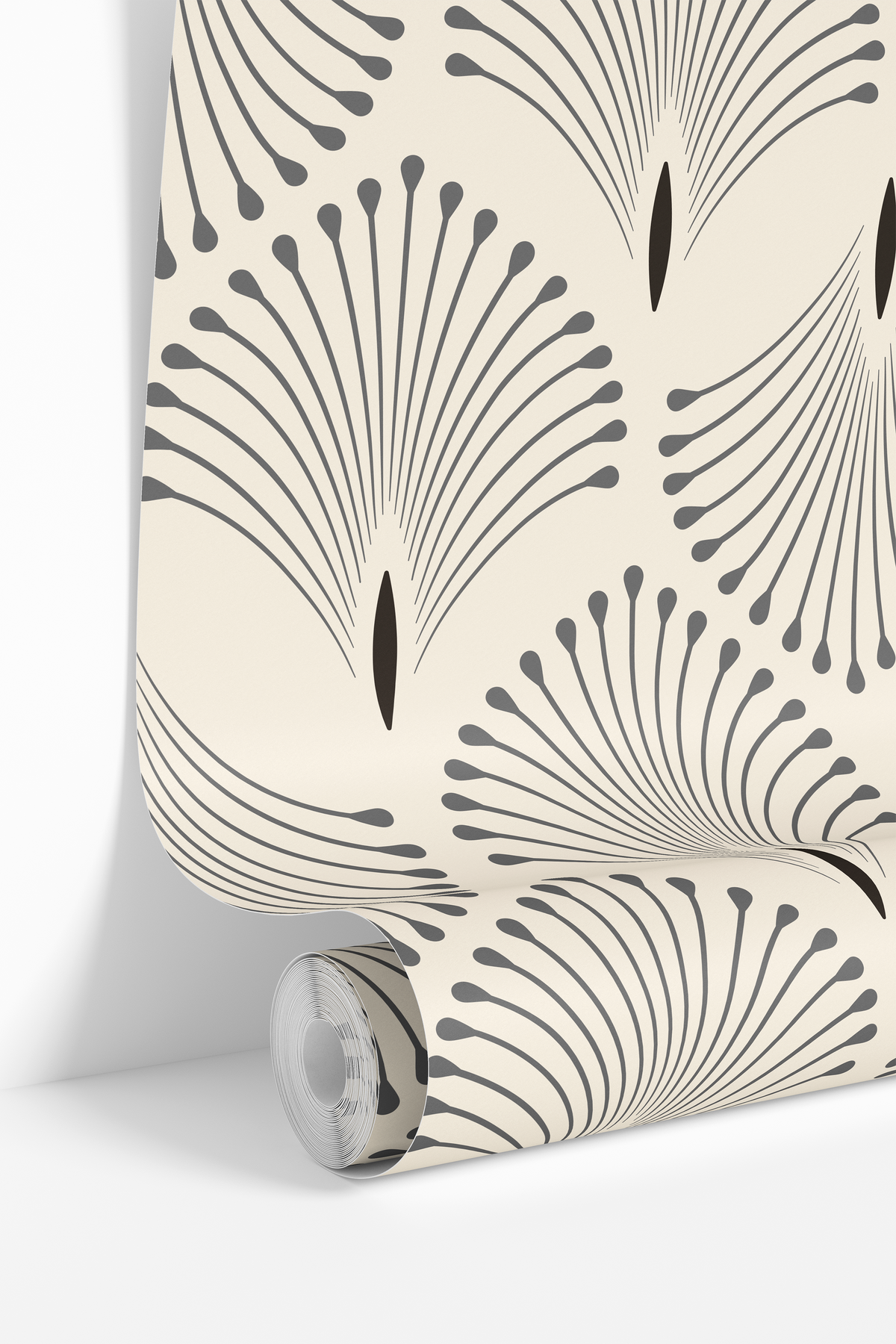 Wallpaper roll featuring Palm Trail Neutral Deco wallpaper with modern fan motifs and warm neutral geometric styling