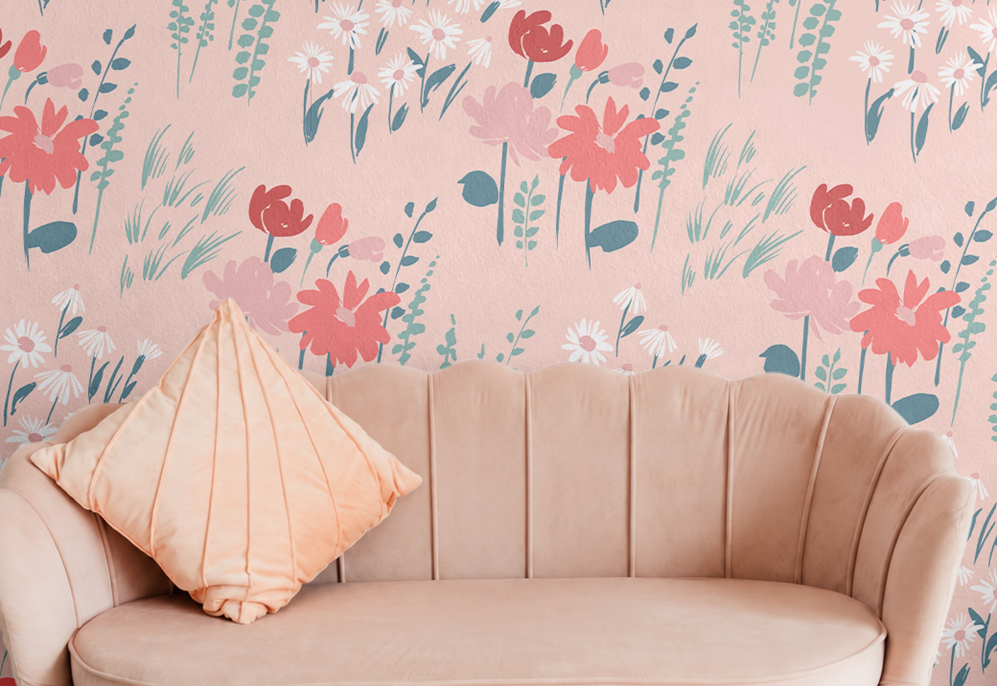 Pink Wildflowers 742 pink floral wallpaper with coral wildflowers, white daisies and blue-green foliage styled in a feminine girls room