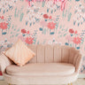 Pink Wildflowers 742 pink floral wallpaper with coral wildflowers, white daisies and blue-green foliage styled in a feminine girls room