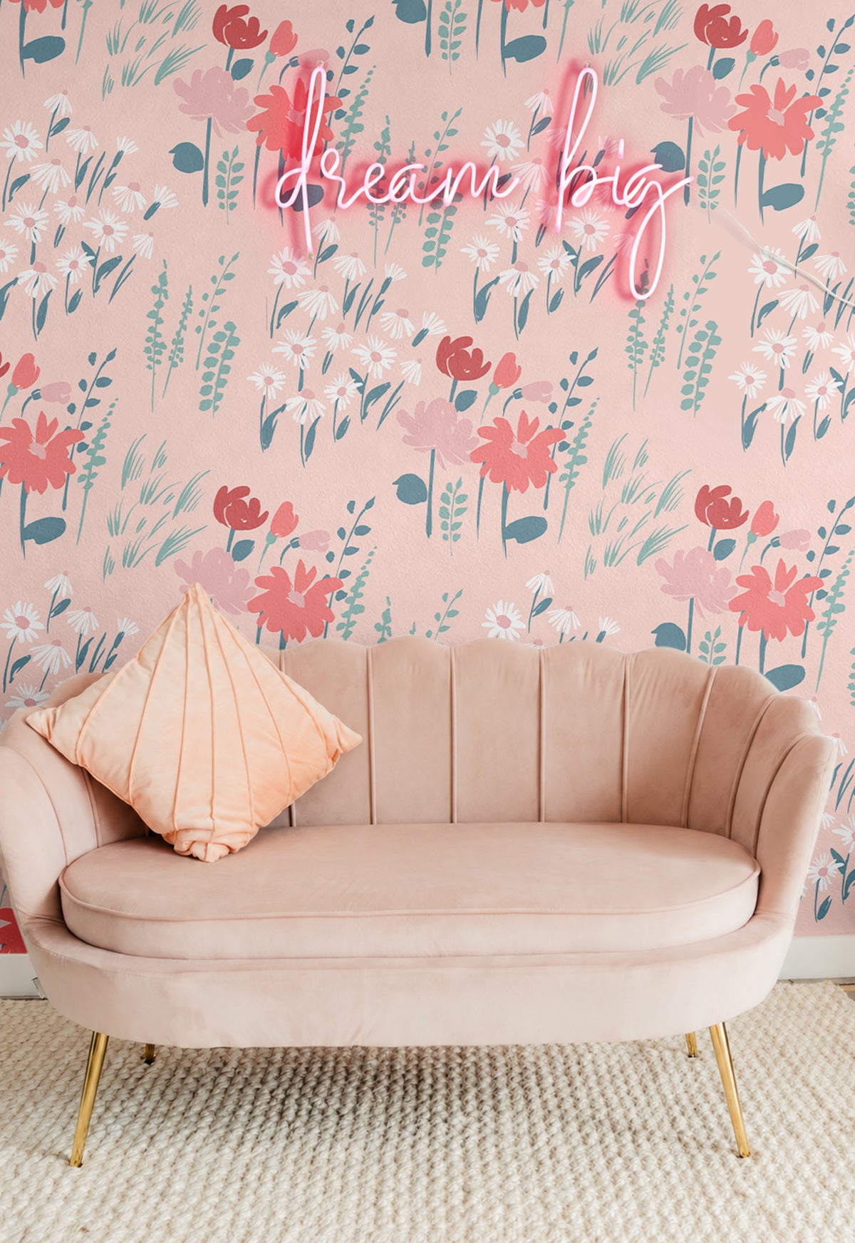 Pink Wildflowers 742 pink floral wallpaper with coral wildflowers, white daisies and blue-green foliage styled in a feminine girls room
