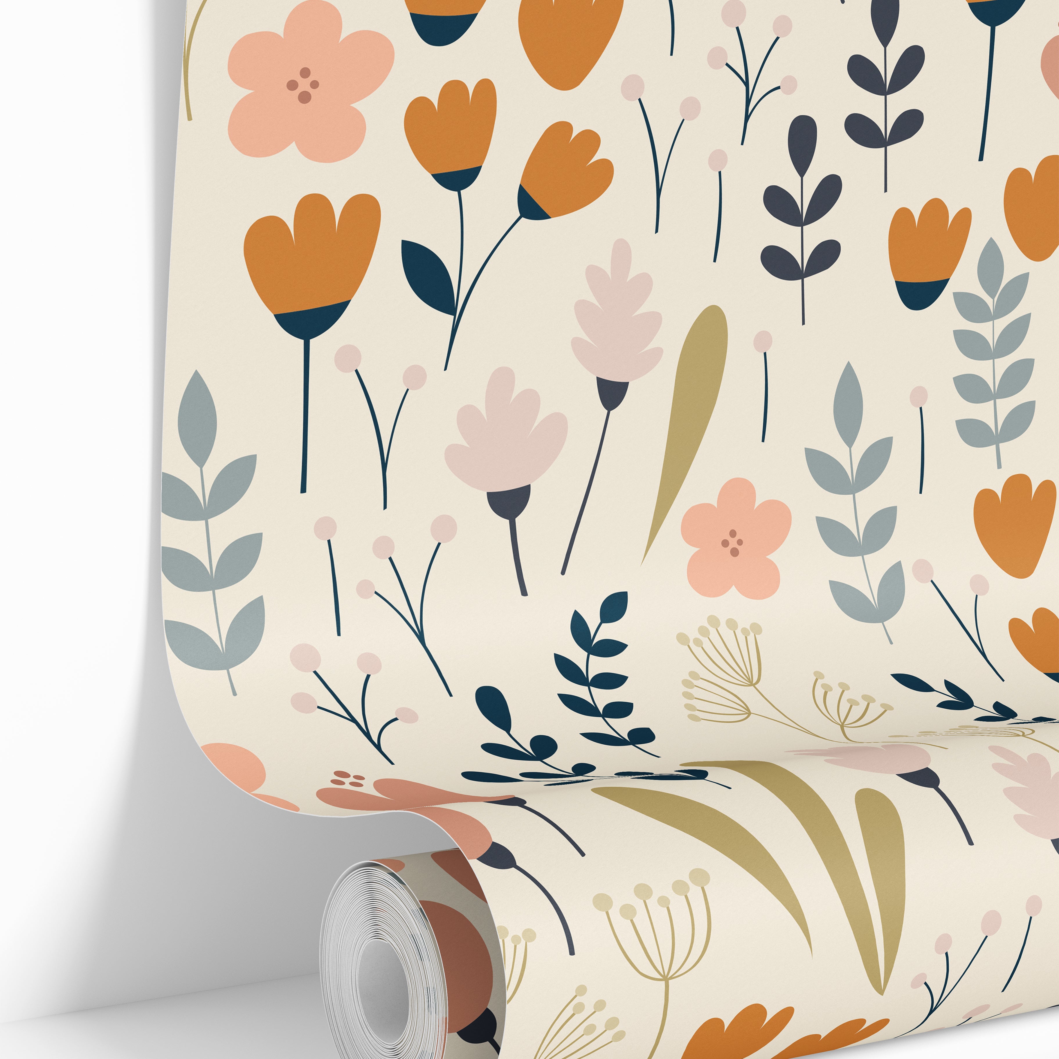 roll of pocketful of posies wallpaper with peach mustard blue gray olive flowers on warm cream ground