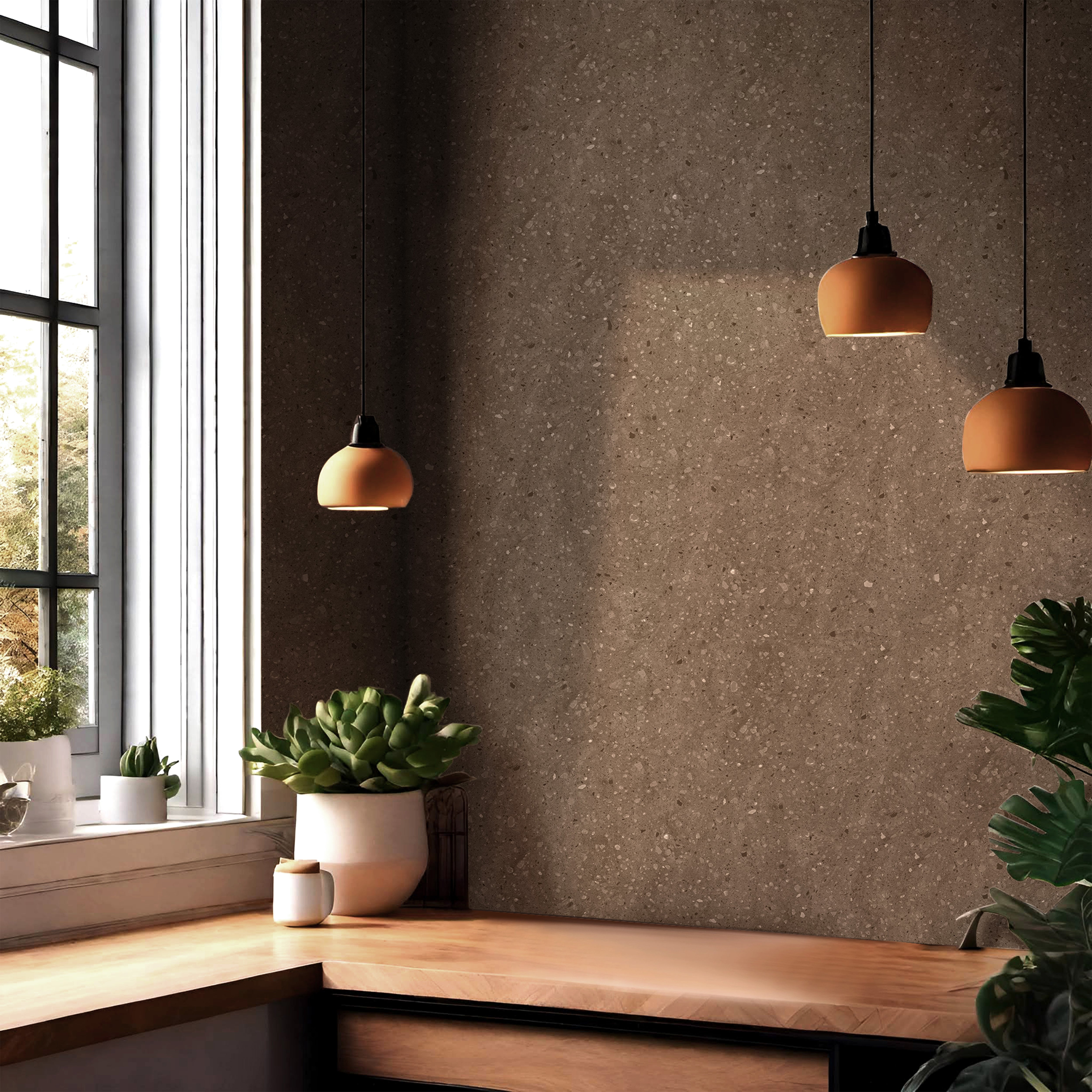 raw cocoa terrazzo wallpaper with warm brown stone texture for modern neutral interiors