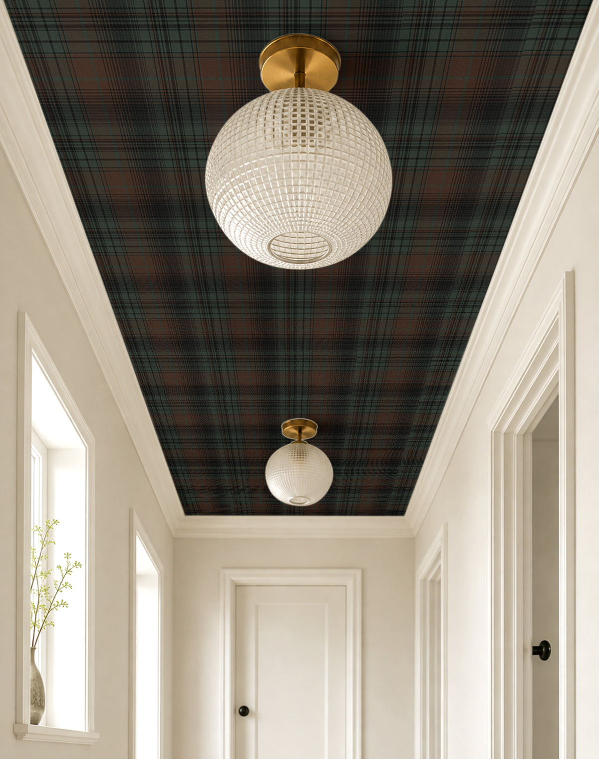  dark forest green tartan wallpaper on ceiling with cream walls and warm golden lighting fixture accents
