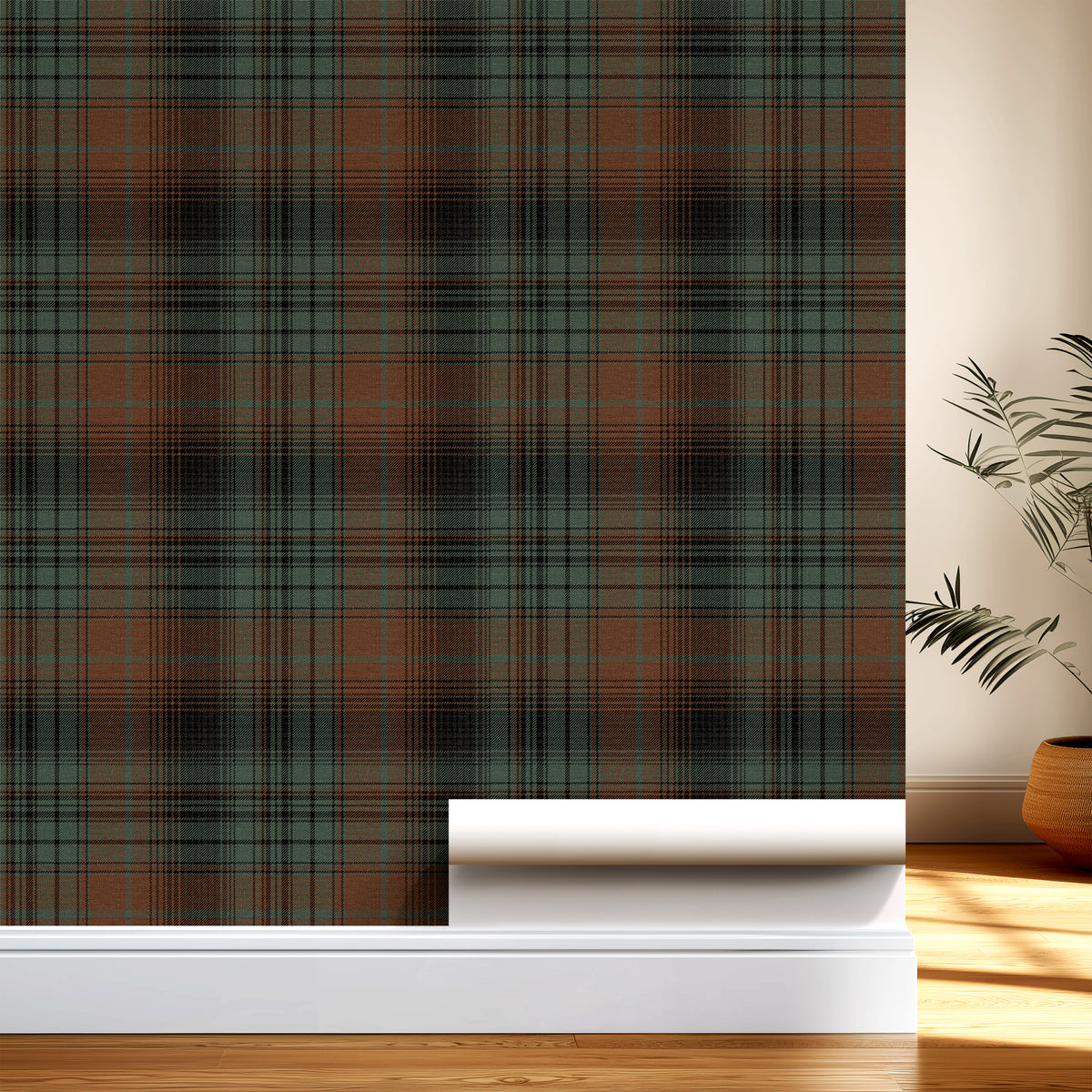  roll being applied of redfern plaid wallpaper with forest green charcoal and russet tartan lines
