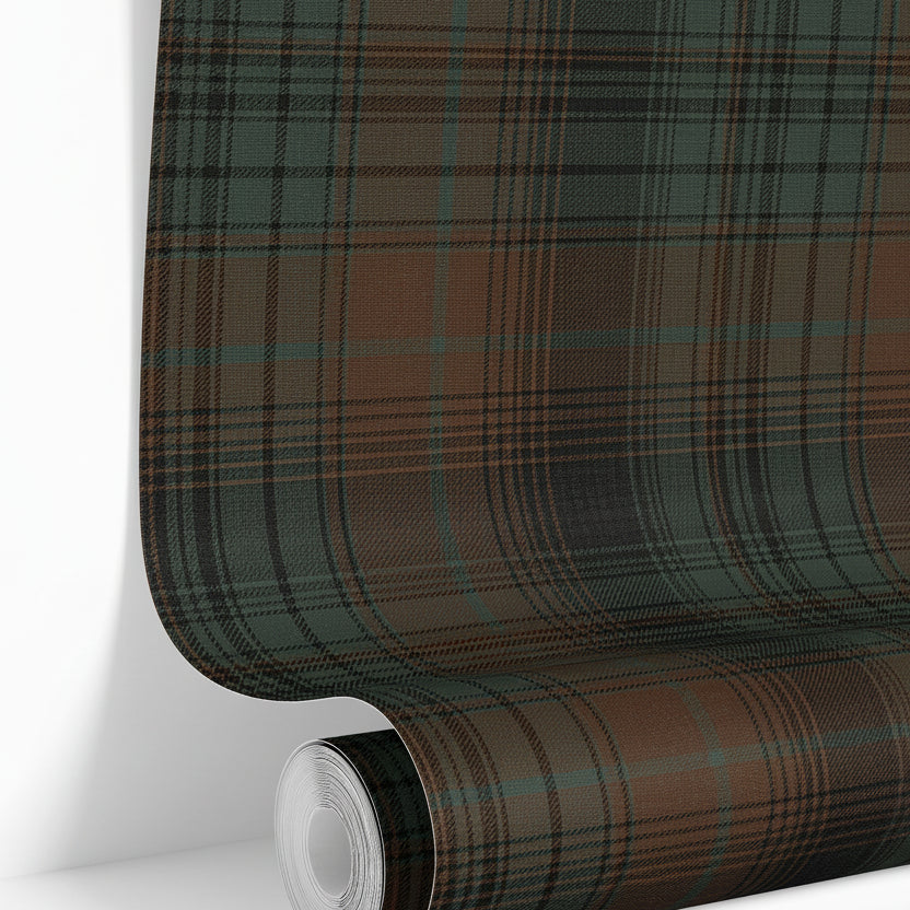 roll of redfern plaid wallpaper with forest green charcoal and russet tartan lines
