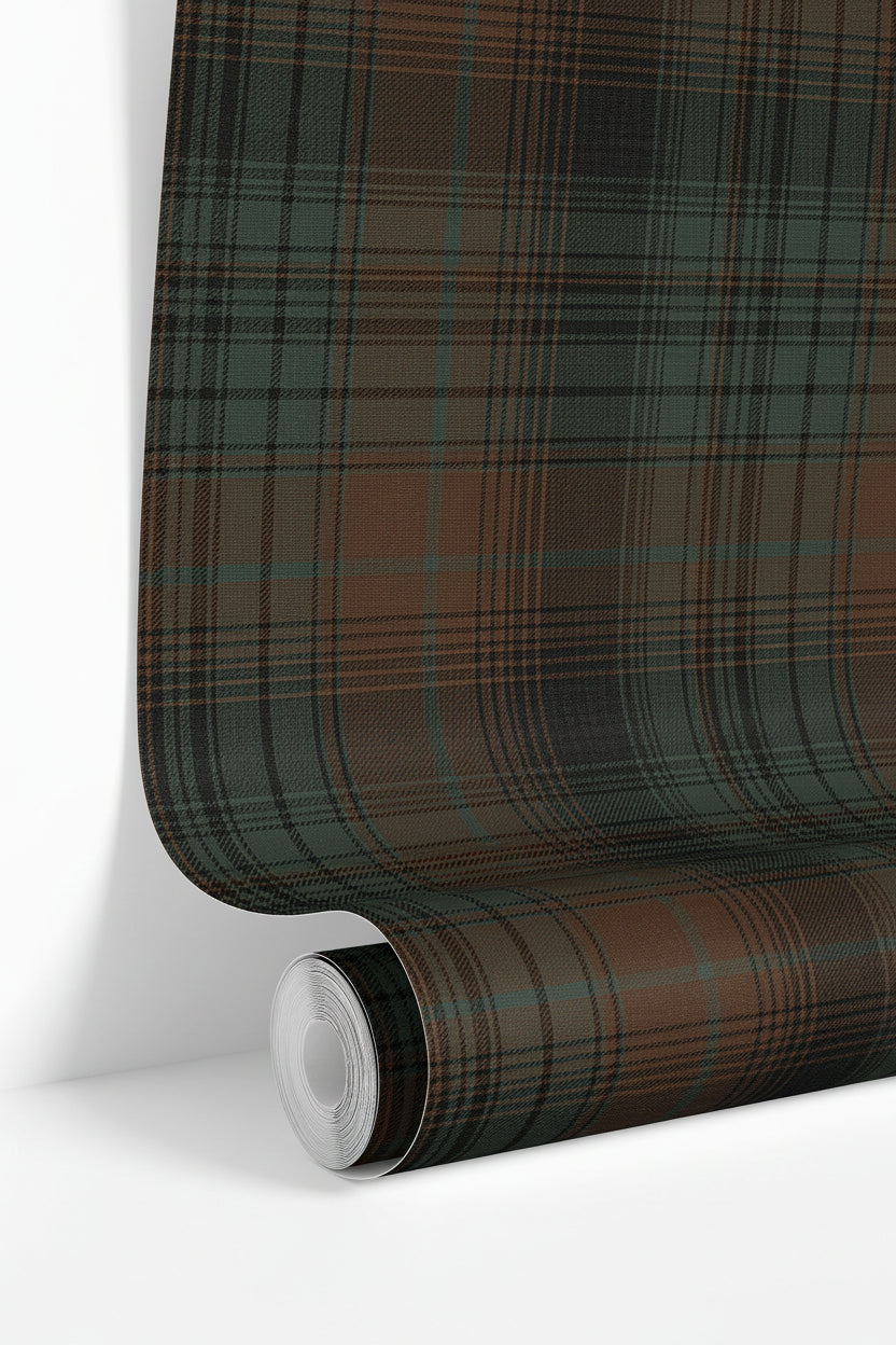 roll of redfern plaid wallpaper with forest green charcoal and russet tartan lines
