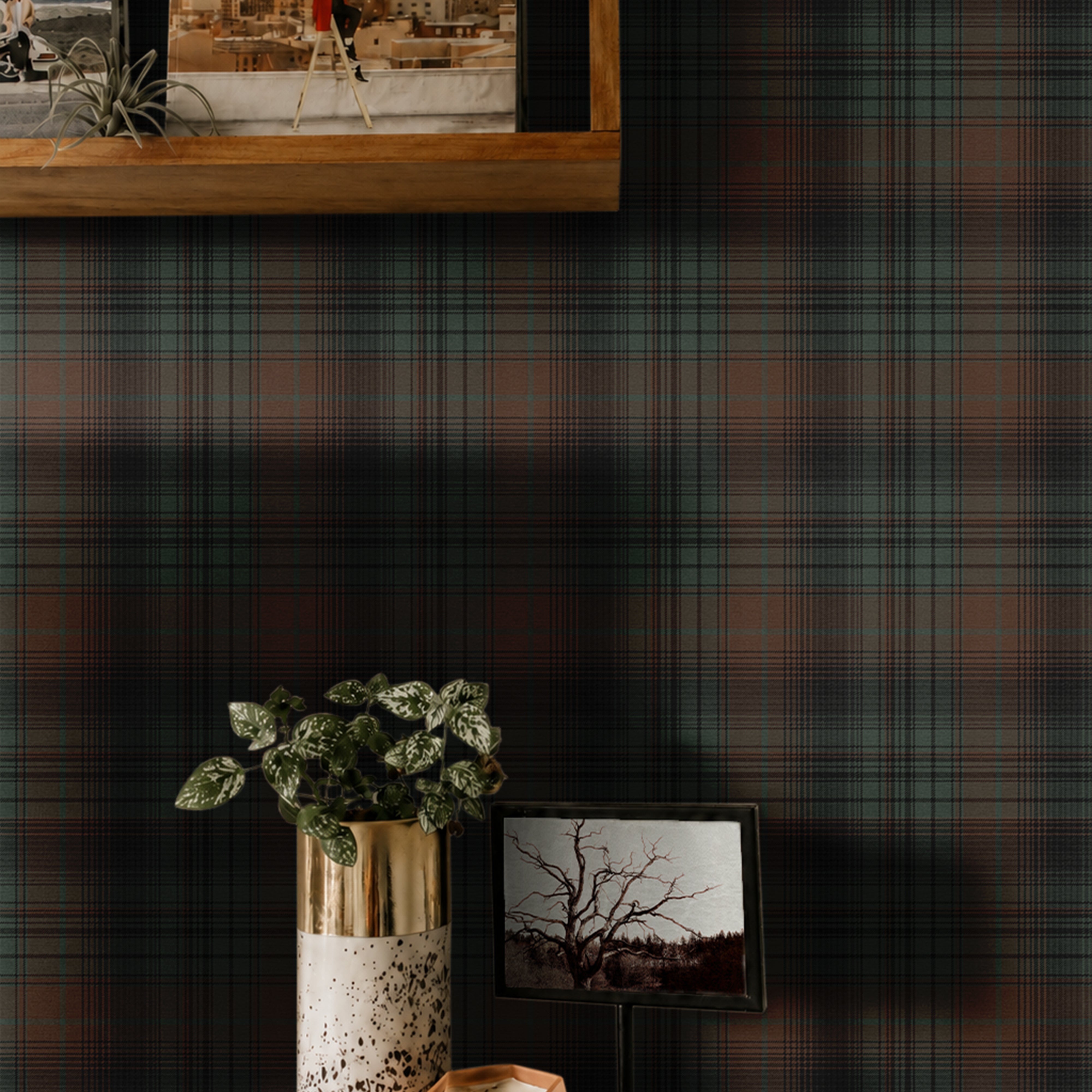 dark green charcoal and russet plaid wallpaper behind wood shelf with magazines plant and framed tree art