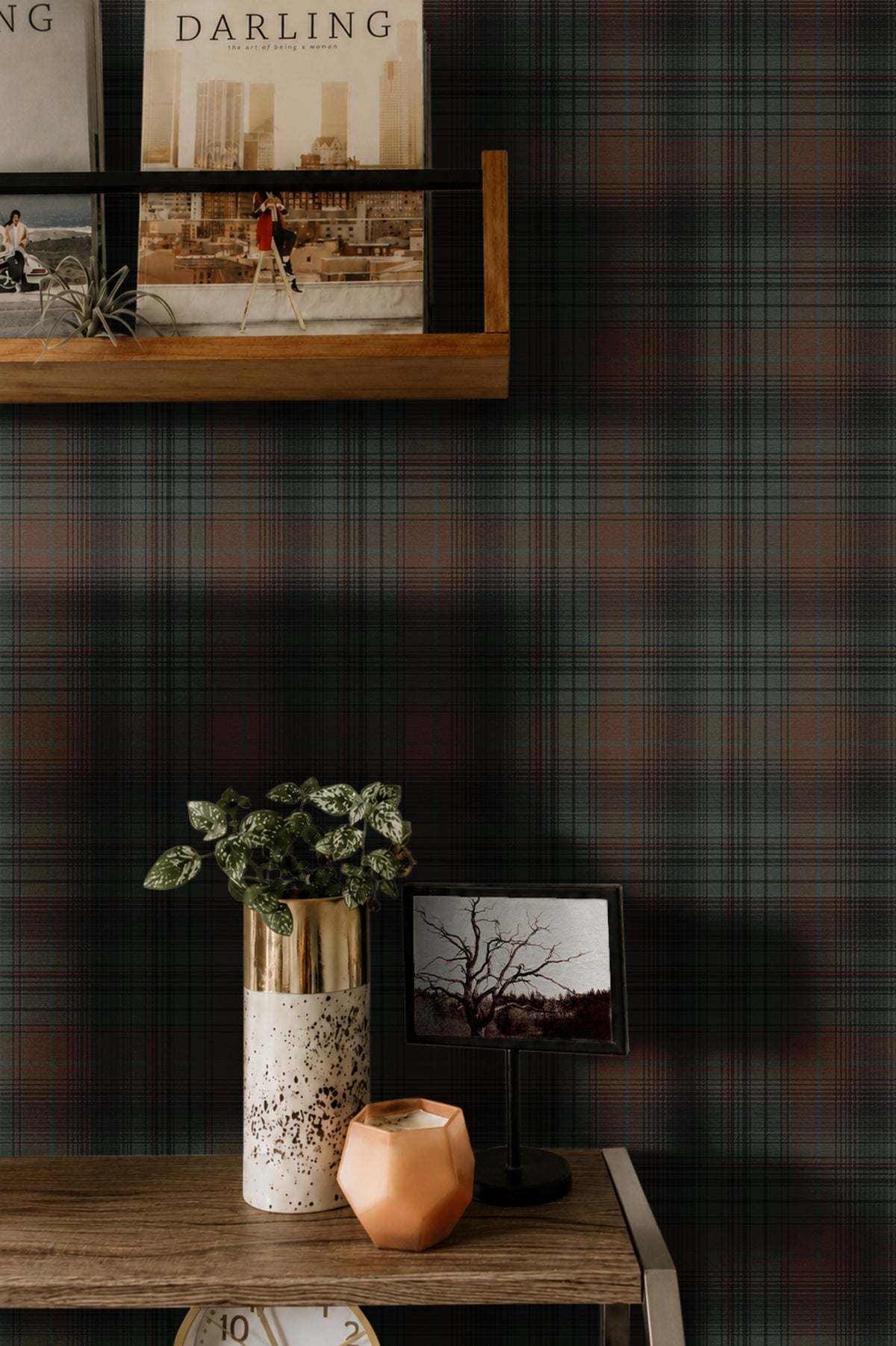 dark green charcoal and russet plaid wallpaper behind wood shelf with magazines plant and framed tree art