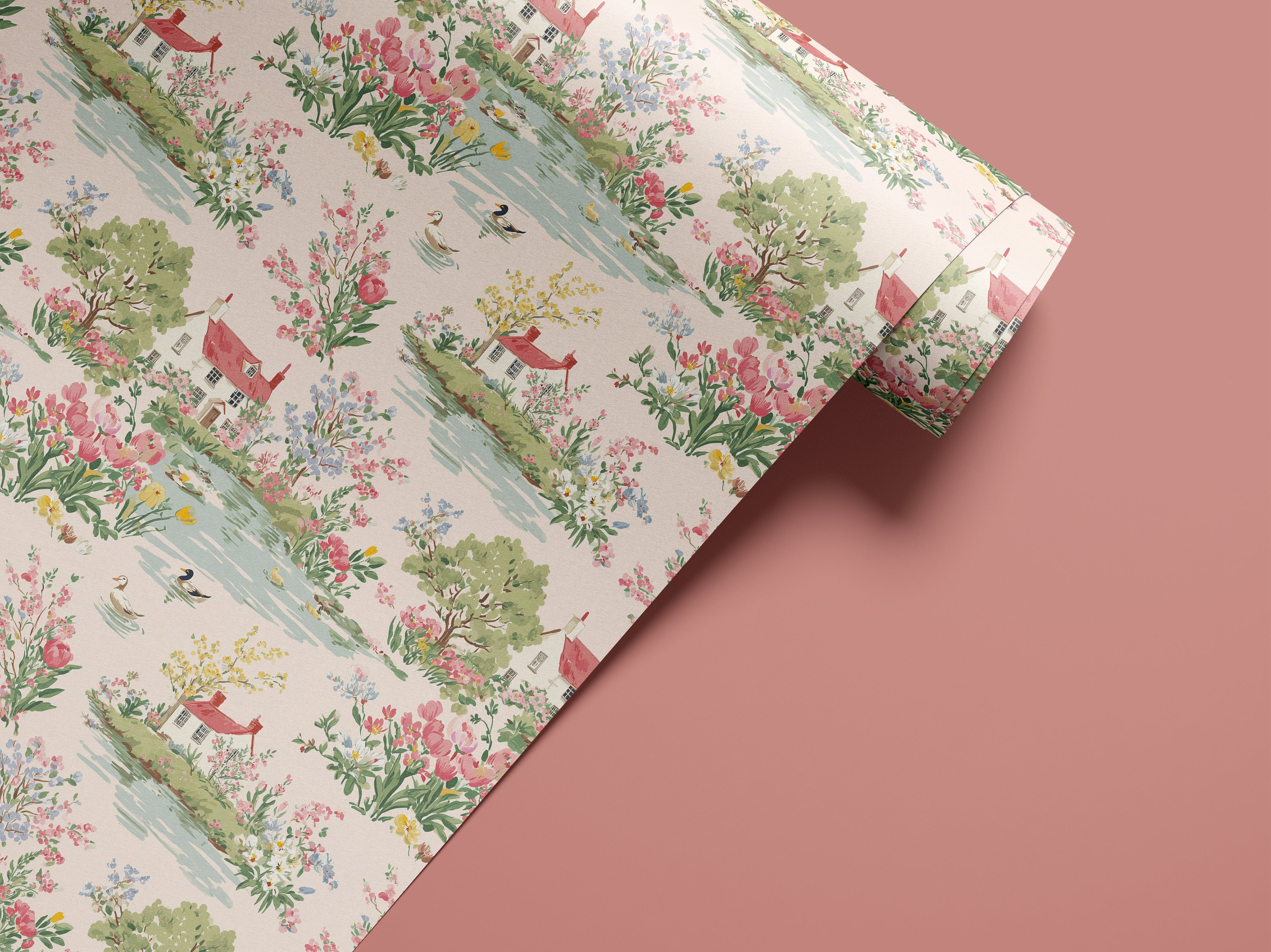 cottage landscape contact paper with flowers ponds and cottages