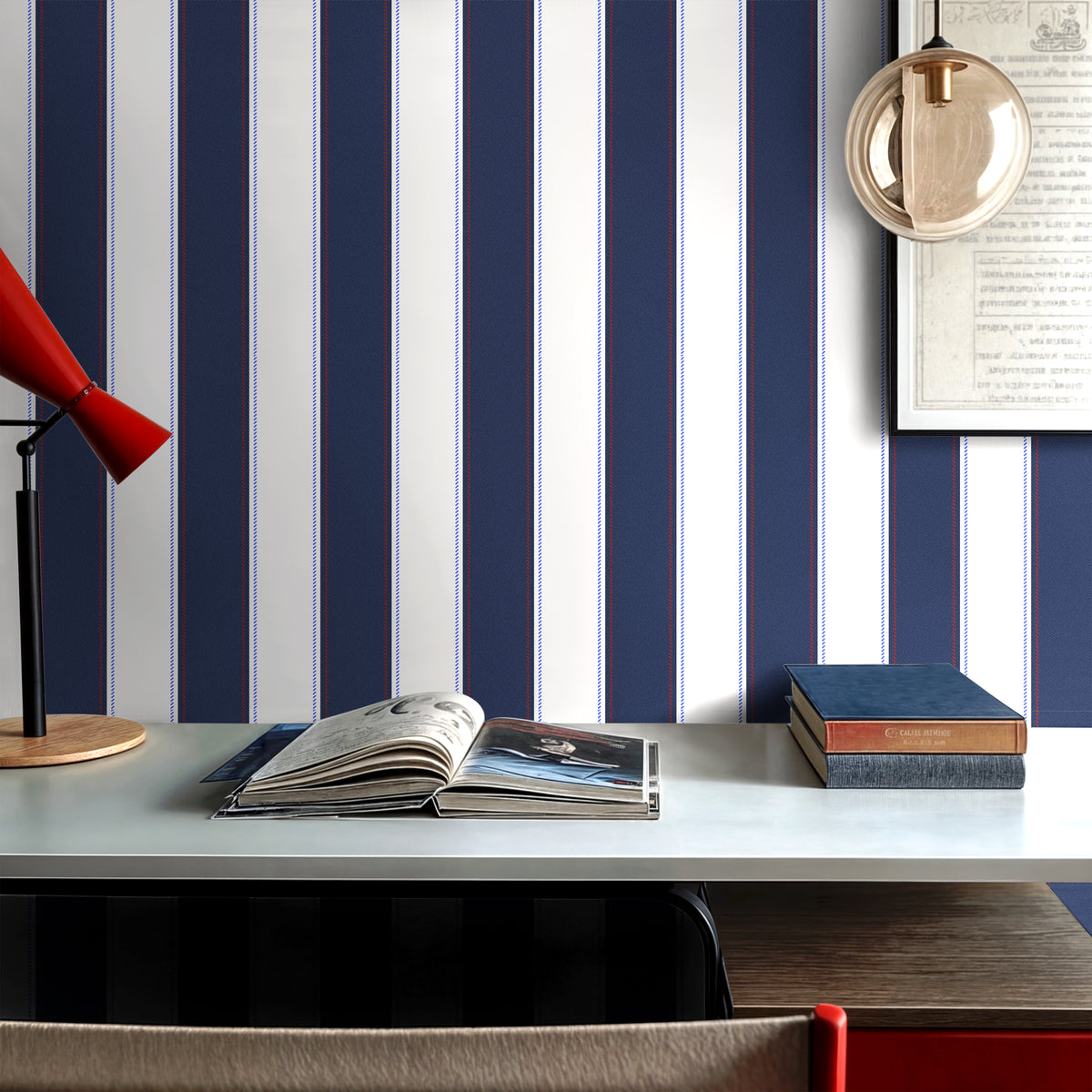 navy and red stripe wallpaper in bedroom with tailored pinstripe design