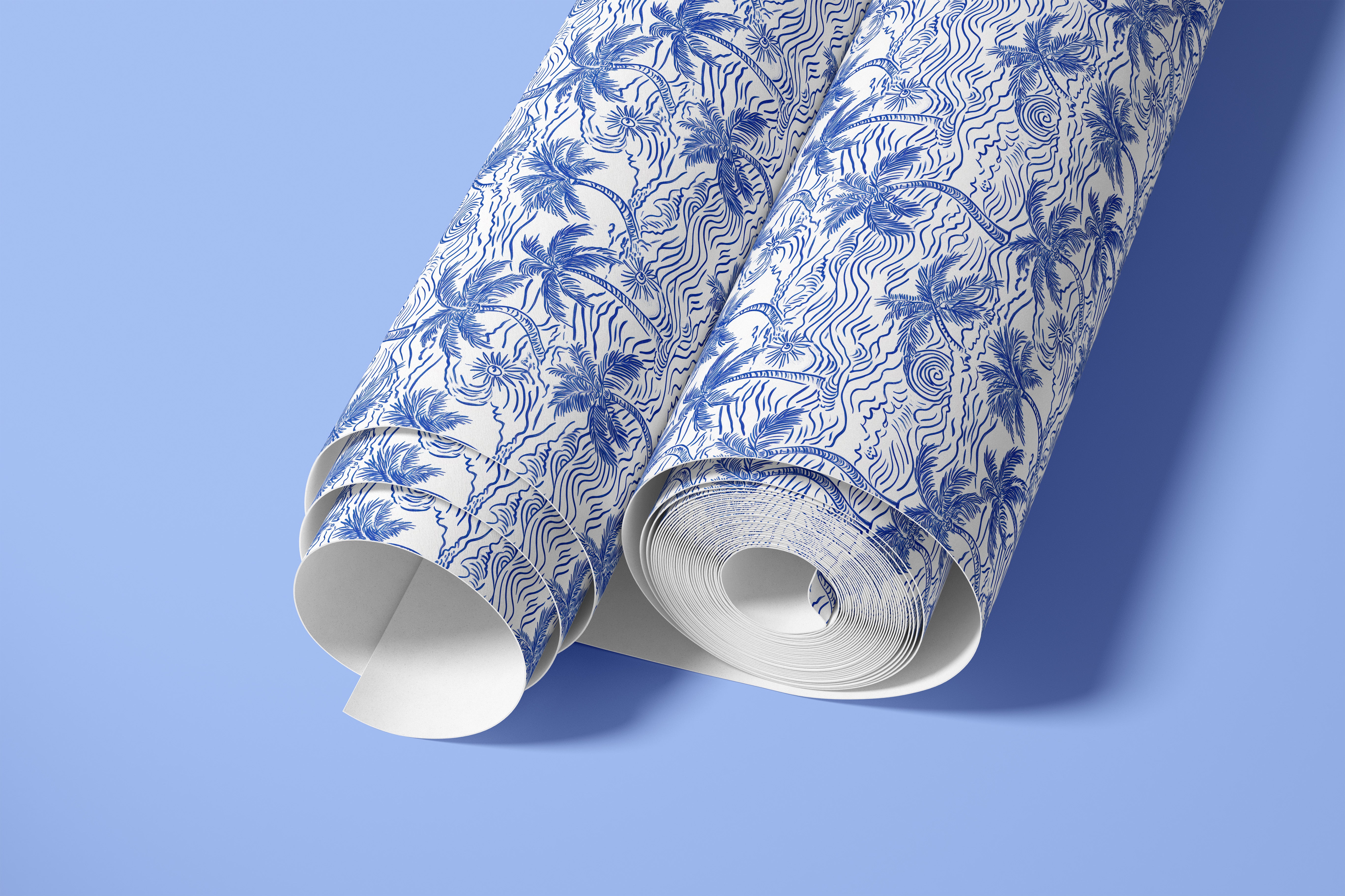 contact paper roll showing blue and white coastal palm pattern for cabinets shelves and furniture surfaces