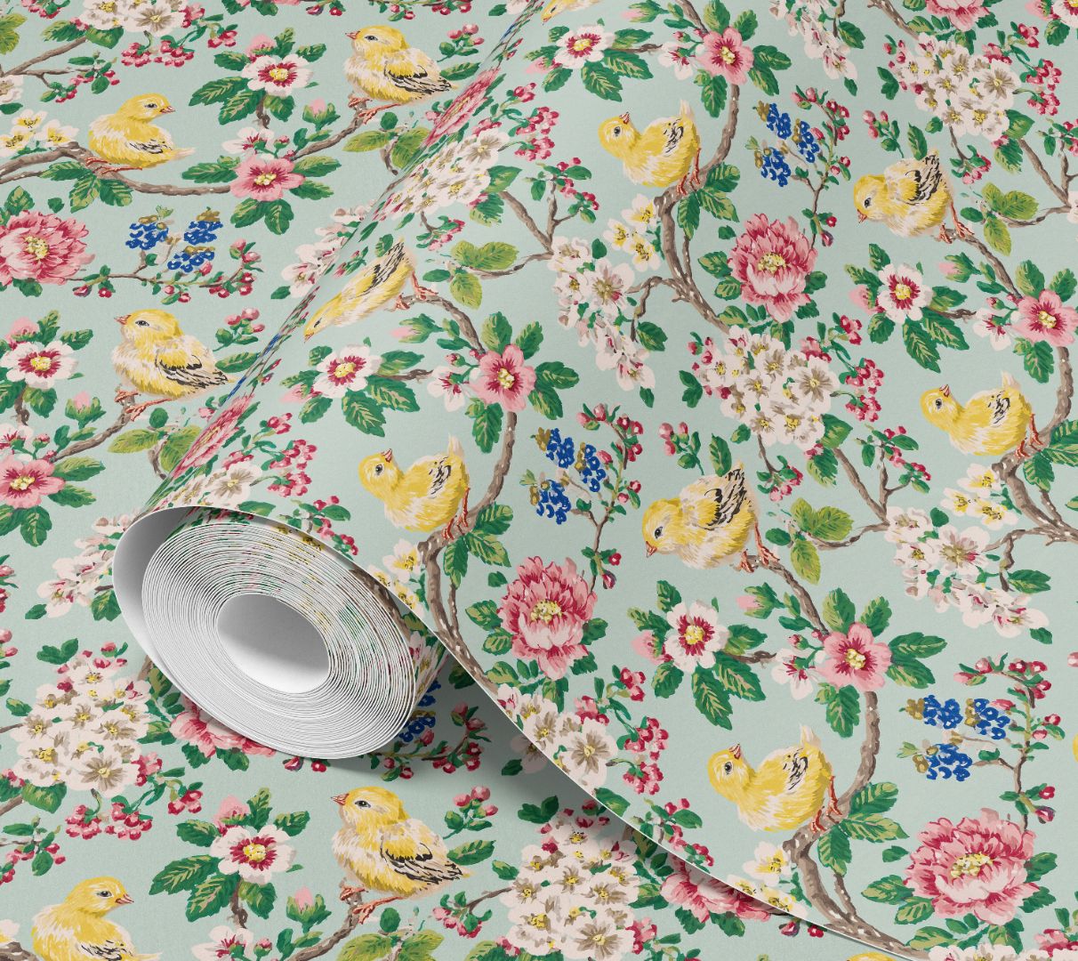 ongbird terrace contact paper showing golden birds and pastel floral branches