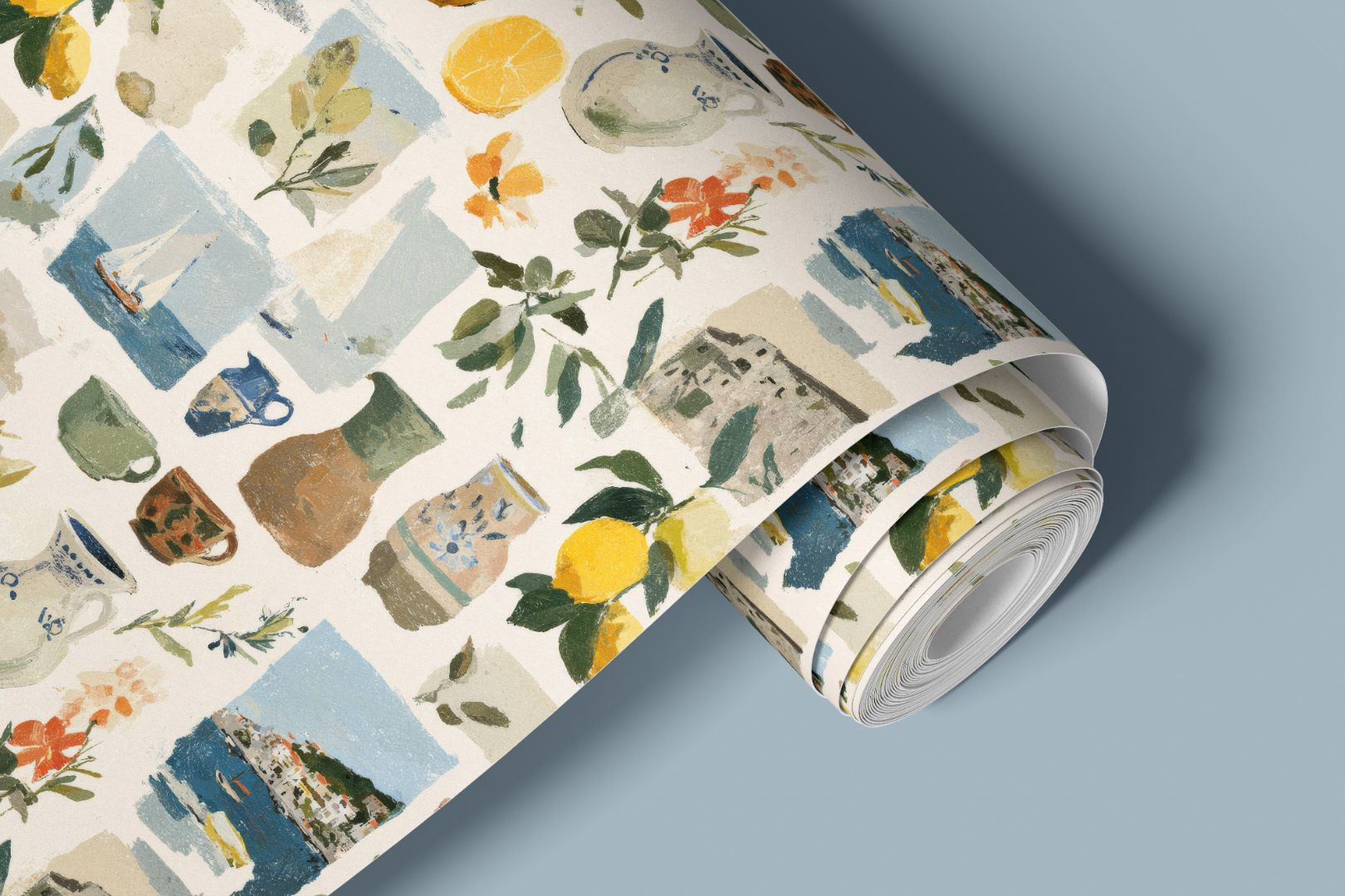 mediterranean peel and stick contact paper with lemons ceramics and coastal scenes in soft neutral tones