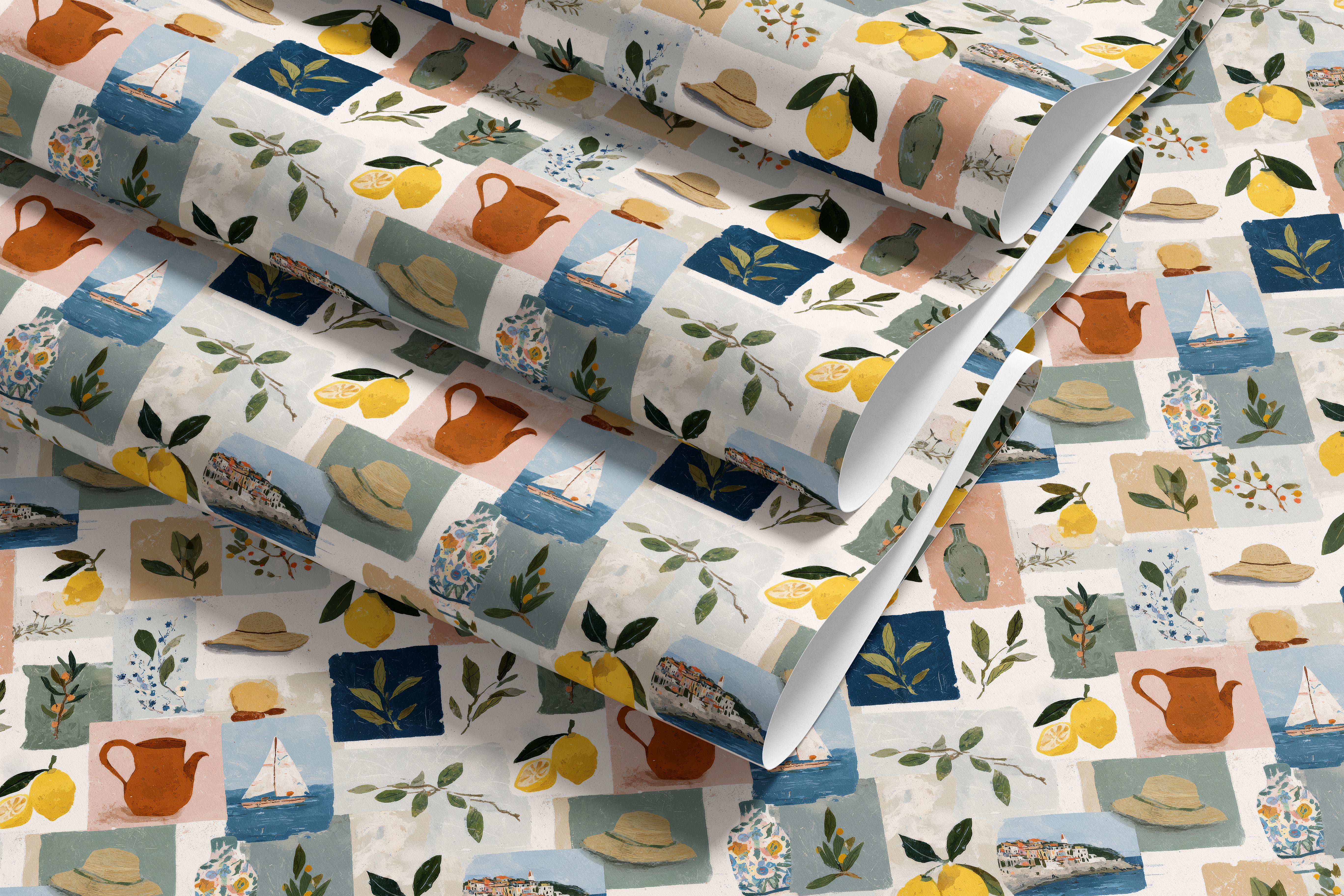 contact paper roll showing lemon coastal collage pattern for countertops cabinets and furniture surfaces