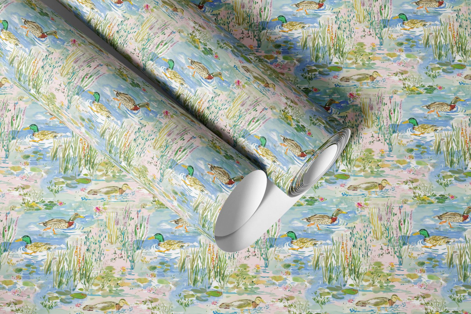 Close up of Stillwater Mallards peel and stick contact paper showing watercolor mallard ducks reeds and lily pads in a vintage pond scene