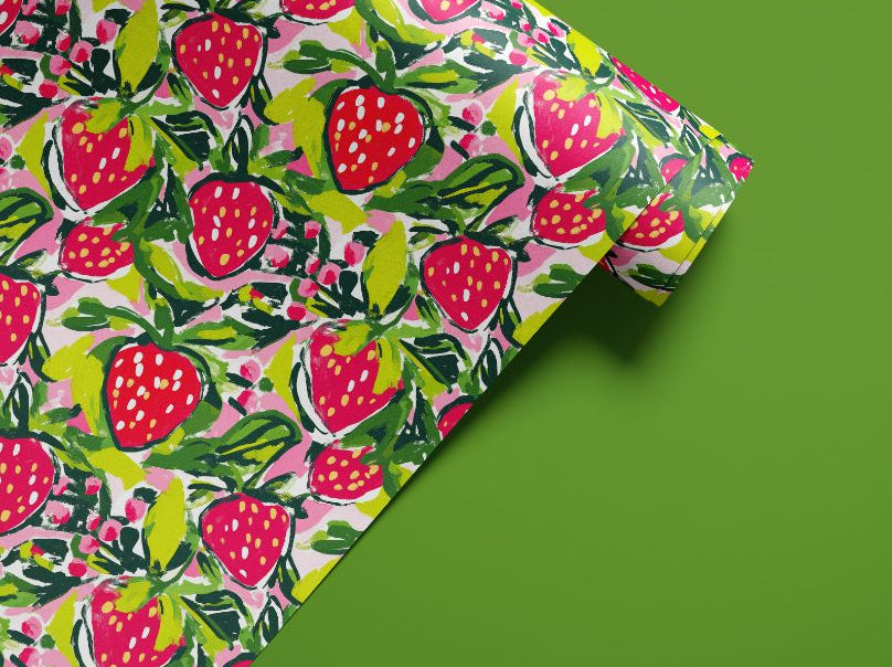 bright strawberry fruit pattern contact paper with hand painted style and soft pink background
