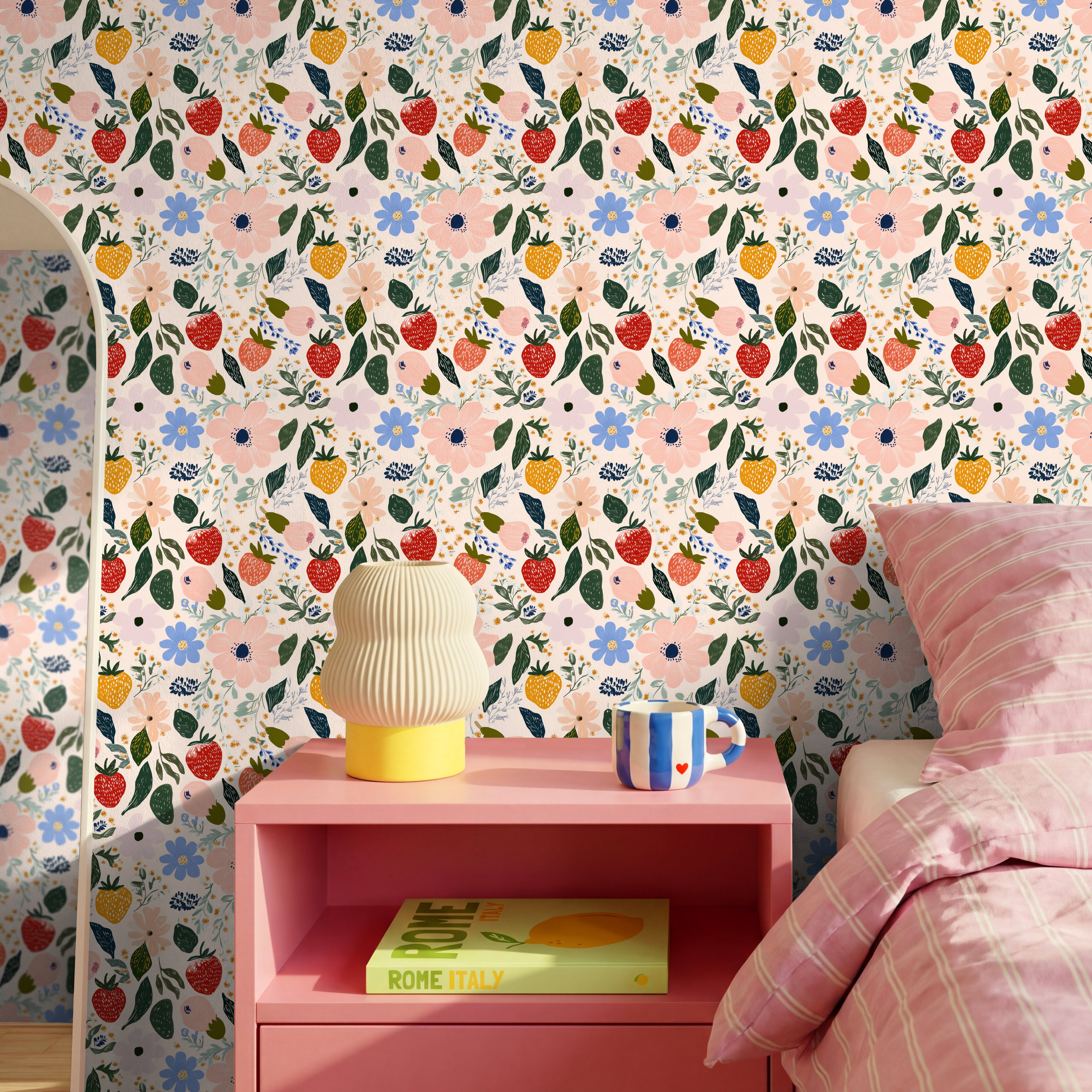 strawberry floral wallpaper in bedroom with soft botanical and fruit pattern