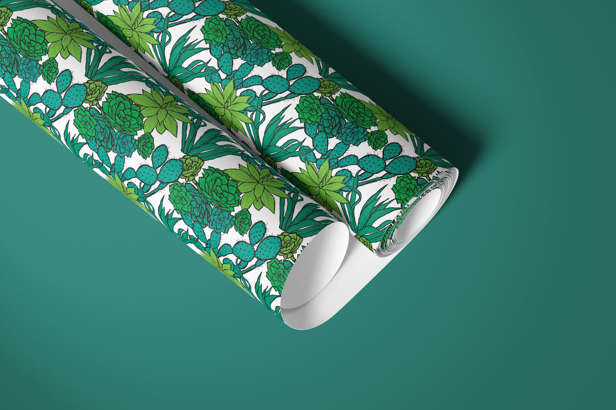 rolls of teal and green botanical contact paper featuring cacti, succulents and
tropical-style foliage.
