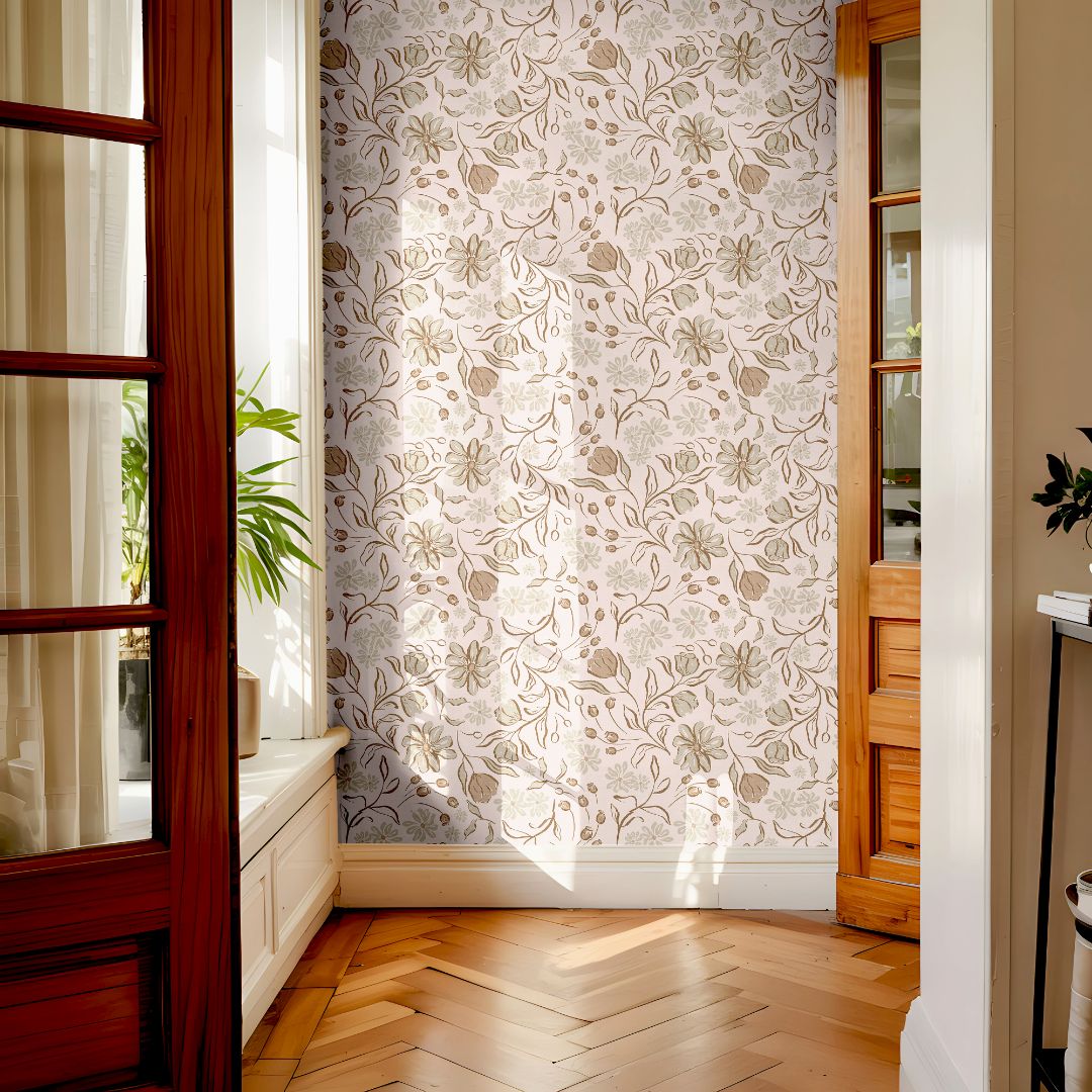 Terramont wallpaper featuring soft blush clay and sage florals in a modern neutral design.