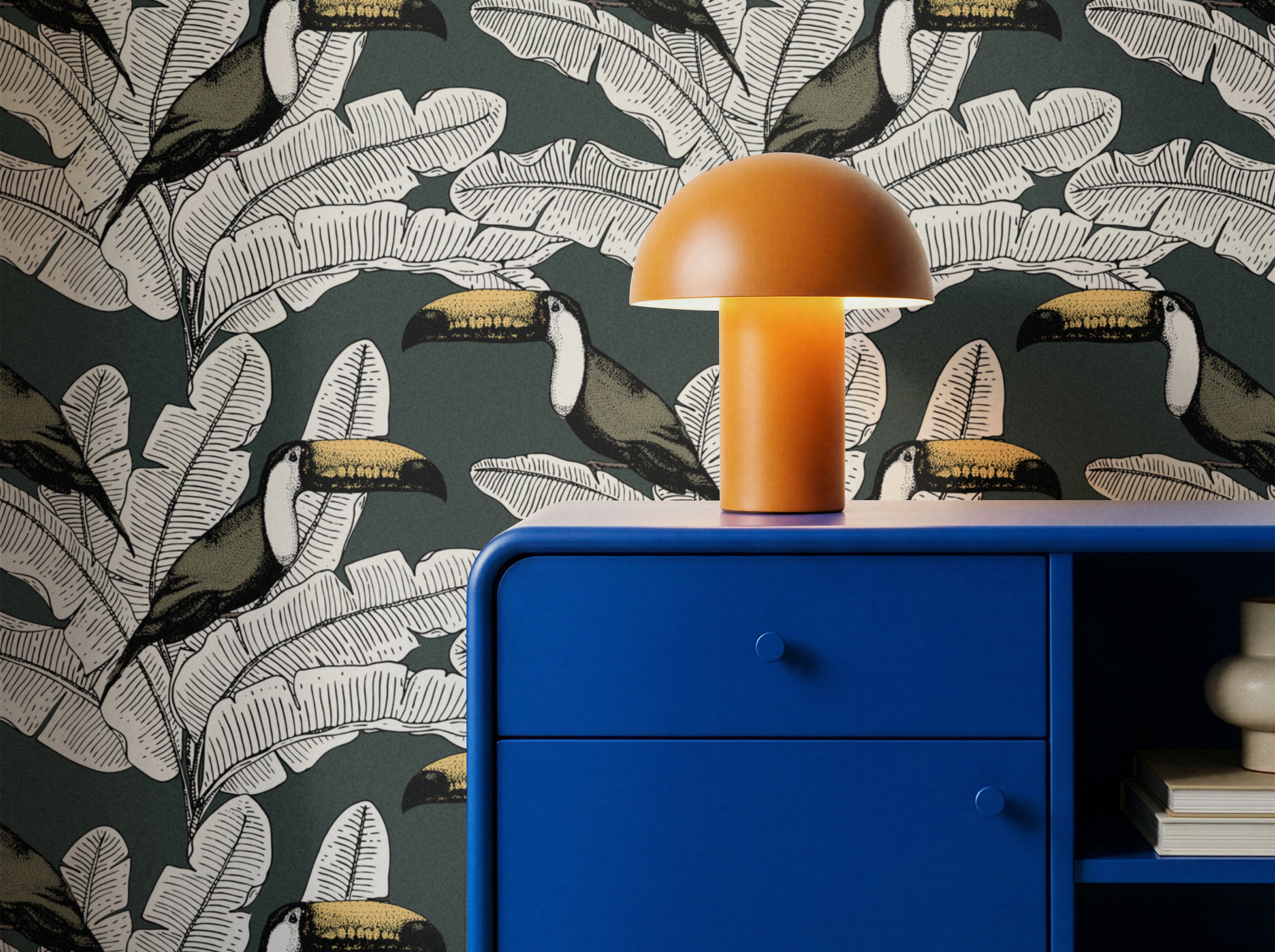 Vintage Tropical 756 dark botanical wallpaper with vintage-style toucans and oversized tropical leaves on a deep green background