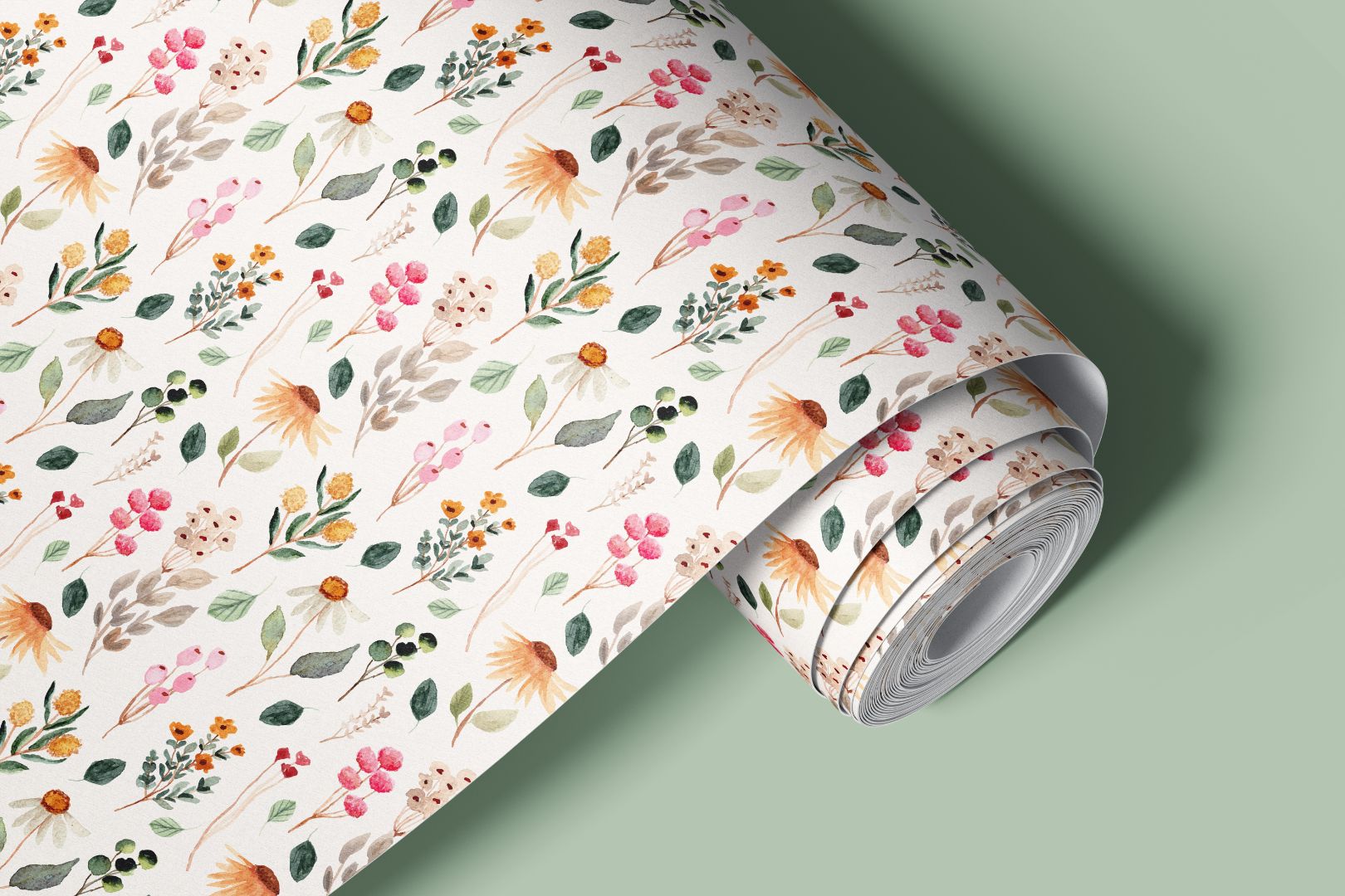 Whispering Wildflowers watercolor contact paper, roll with pink, orange, and yellow florals on cream background