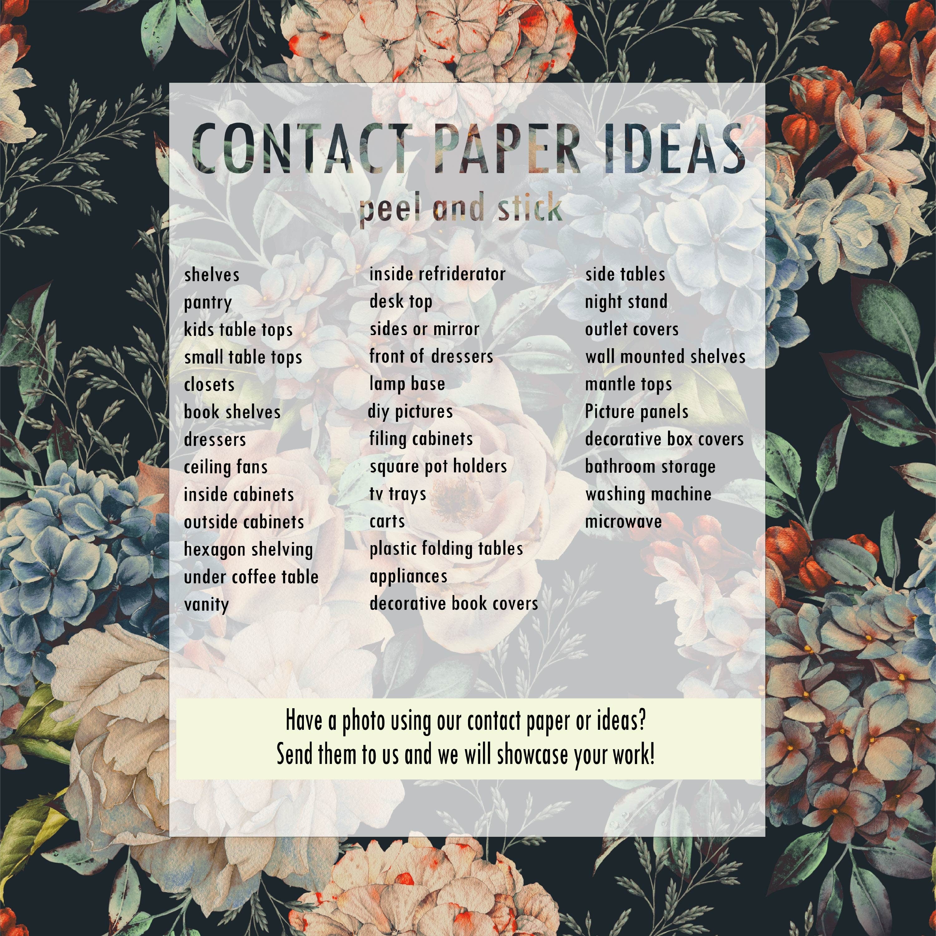 Contact paper ideas graphic listing places to use peel and stick contact paper, such as shelves, drawers, closets, and cabinets