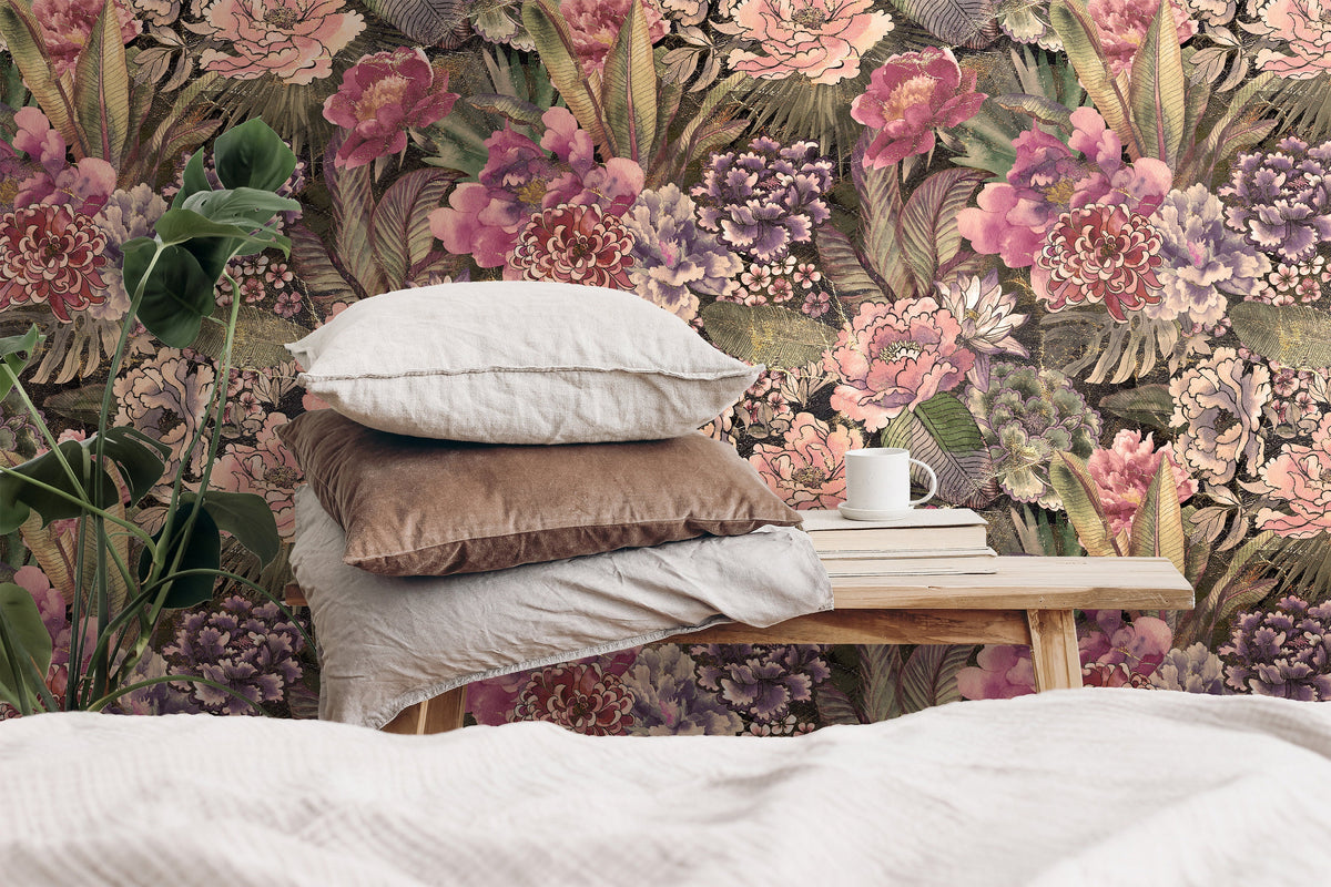 Moody vintage floral wallpaper with pink blooms and rich green leaves