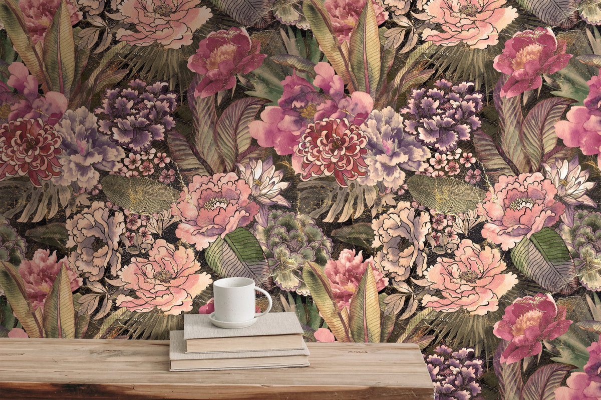 Vintage floral wallpaper with deep pink flowers and dark botanical foliage
