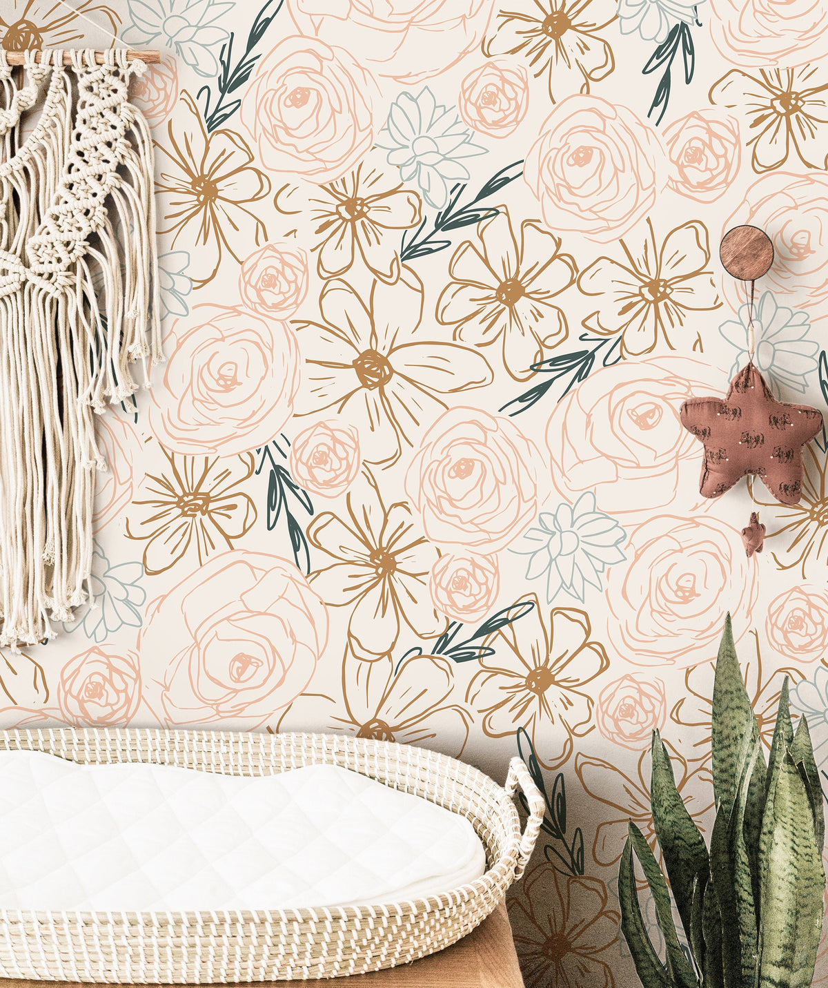 Wallpaper 162: A delicate hand-drawn floral wallpaper featuring soft blush roses, golden wildflowers, and neutral botanical sketches on a cream background, creating a minimalist and modern boho aesthetic for nurseries, bedrooms, and cozy interiors.